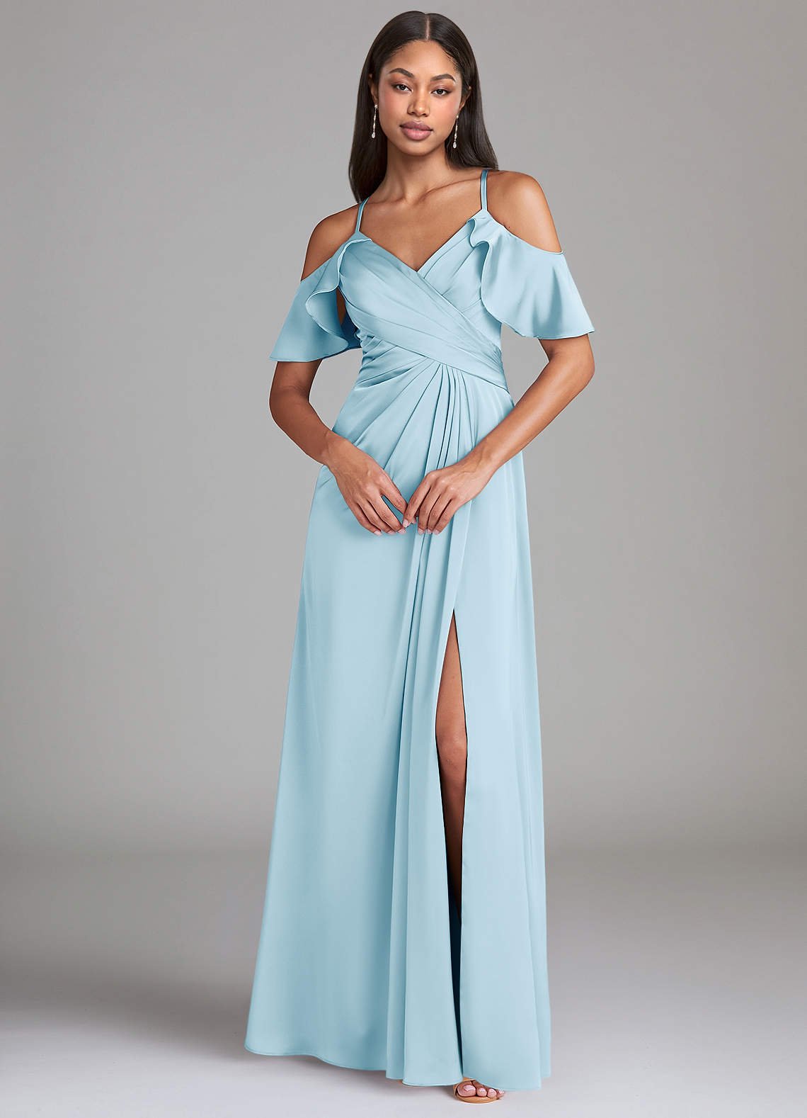 Dakota A-Line V-Neck Stretch Satin Bridesmaid Dress in Sky Blue