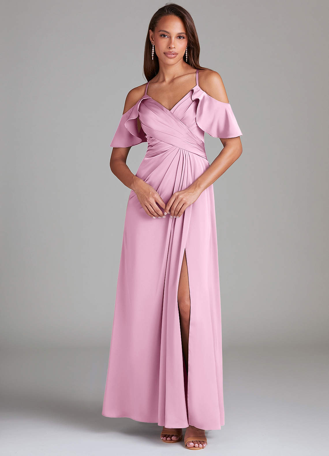 Dakota A-Line V-Neck Stretch Satin Bridesmaid Dress in candy pink