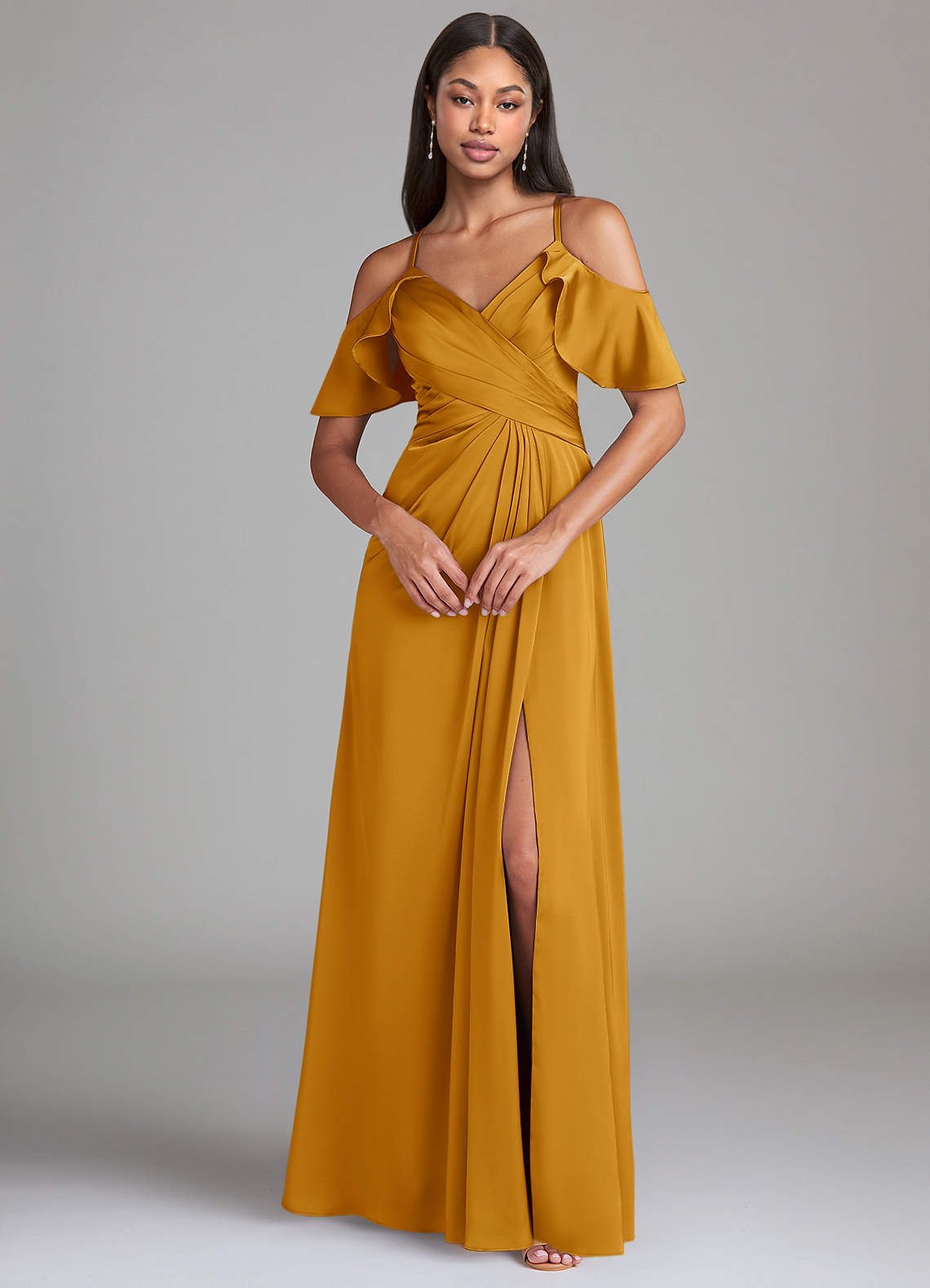 Dakota A-Line V-Neck Stretch Satin Bridesmaid Dress in butterscotch