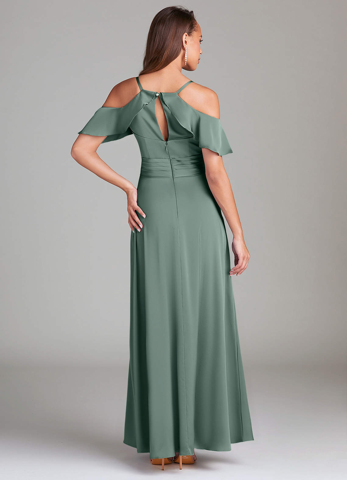 Dakota A-Line V-Neck Stretch Satin Bridesmaid Dress in Sea Moss