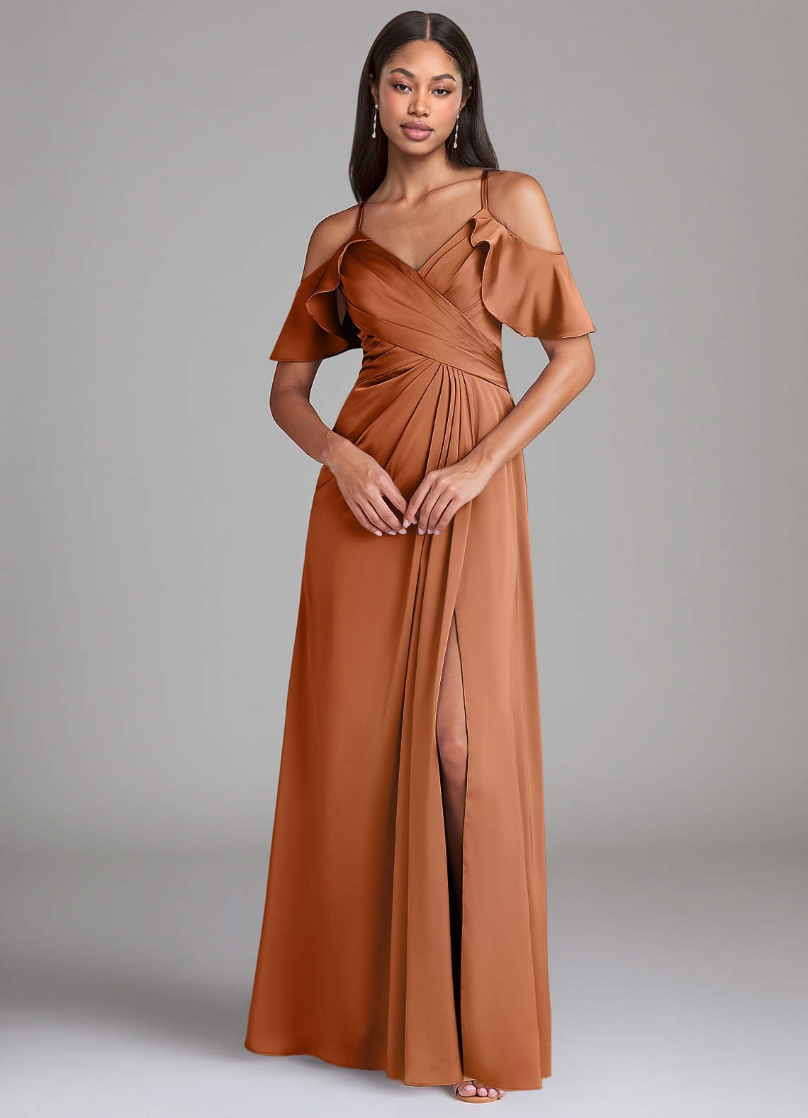 Dakota A-Line V-Neck Stretch Satin Bridesmaid Dress in Copper