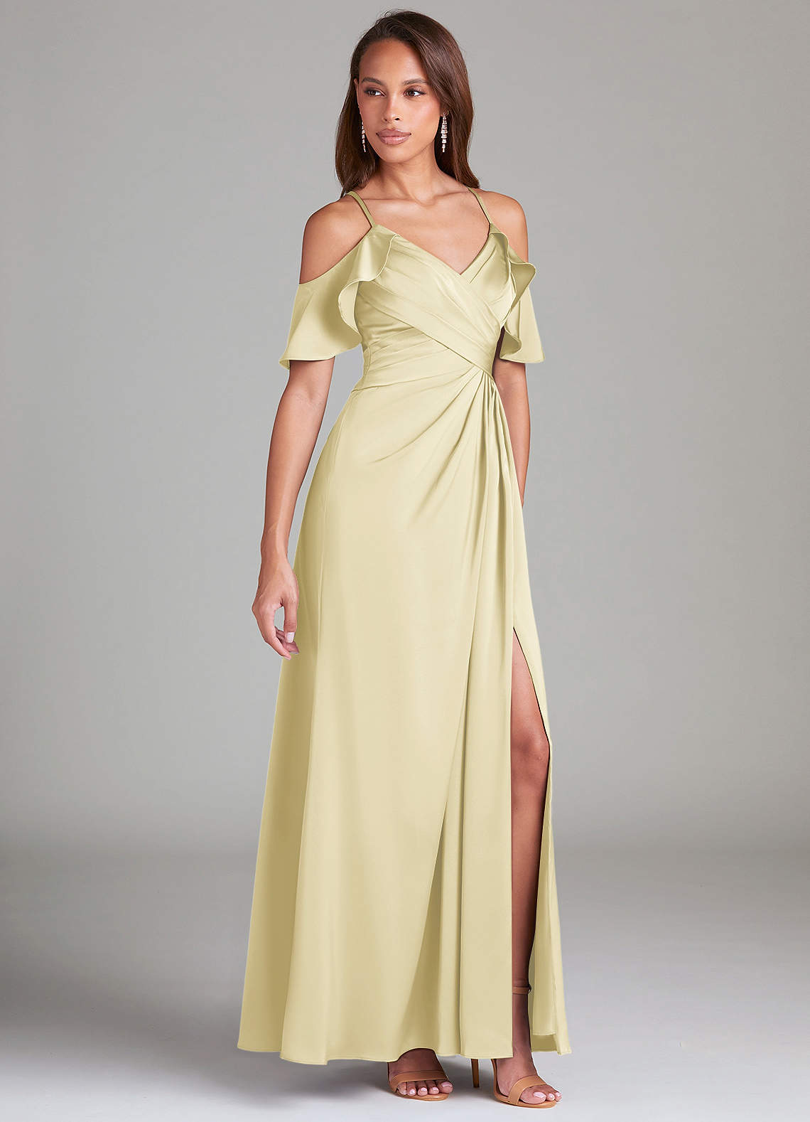 Dakota A-Line V-Neck Stretch Satin Bridesmaid Dress in Lemon Sorbet