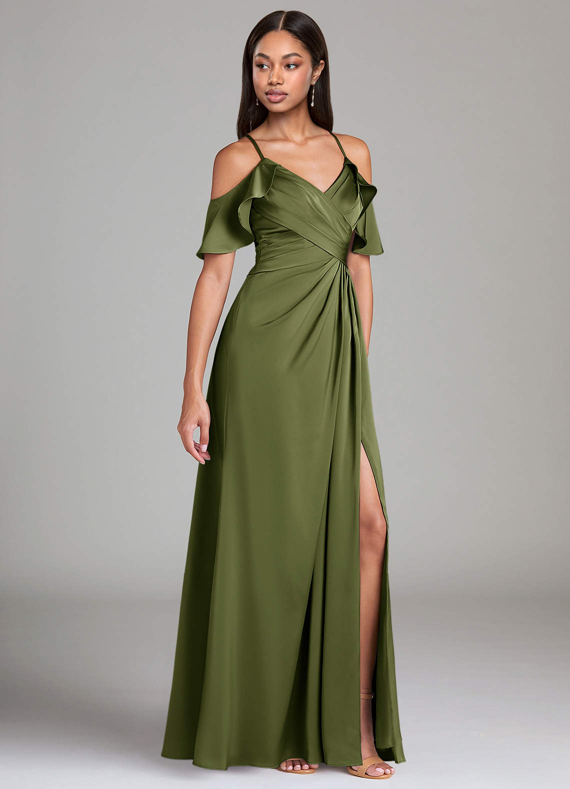 Dakota A-Line V-Neck Stretch Satin Bridesmaid Dress in Olive