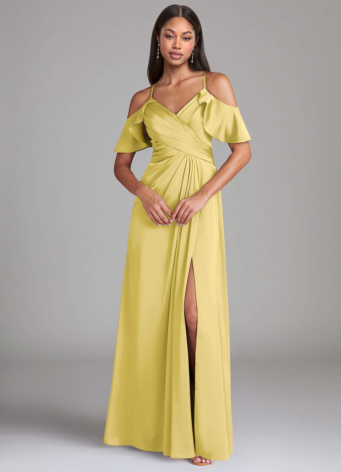 Dakota A-Line V-Neck Stretch Satin Bridesmaid Dress in Canary