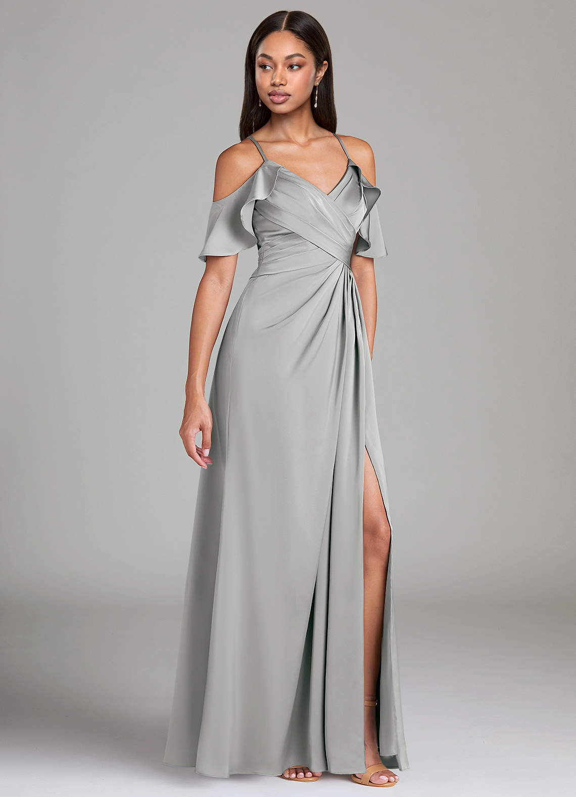Dakota A-Line V-Neck Stretch Satin Bridesmaid Dress in Silver