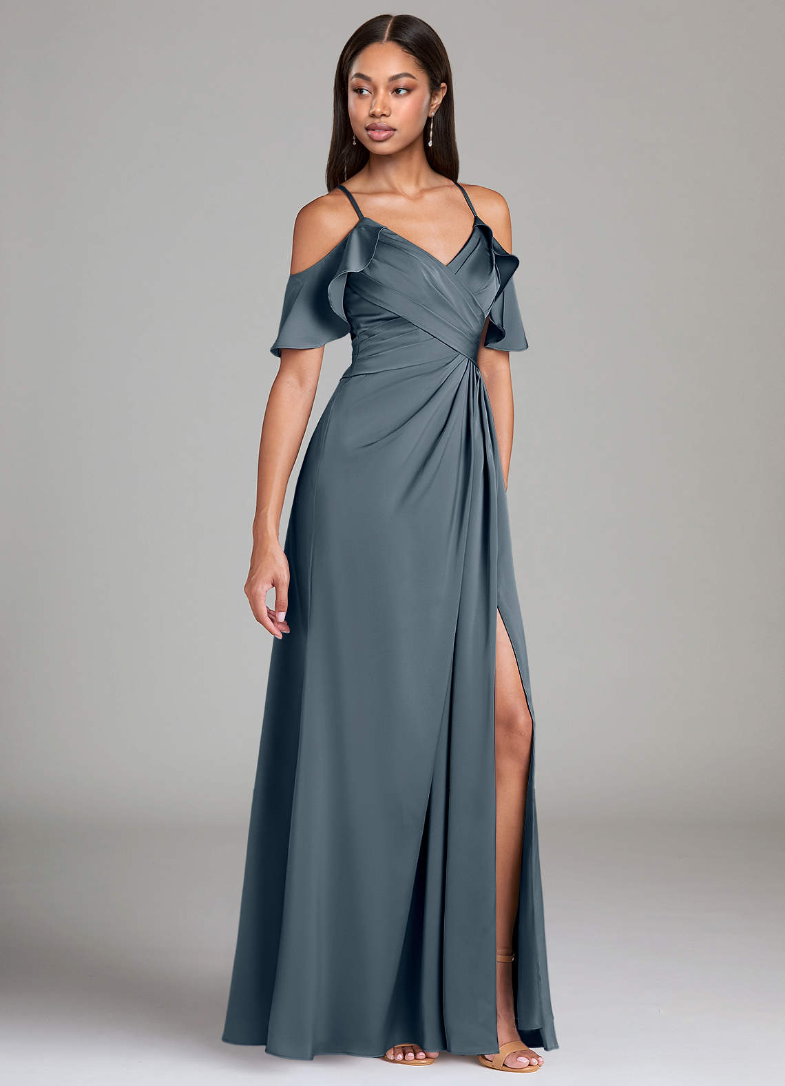 Dakota A-Line V-Neck Stretch Satin Bridesmaid Dress in Twilight