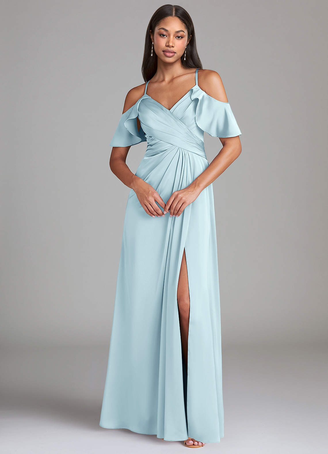 Dakota A-Line V-Neck Stretch Satin Bridesmaid Dress in Cloud Blue