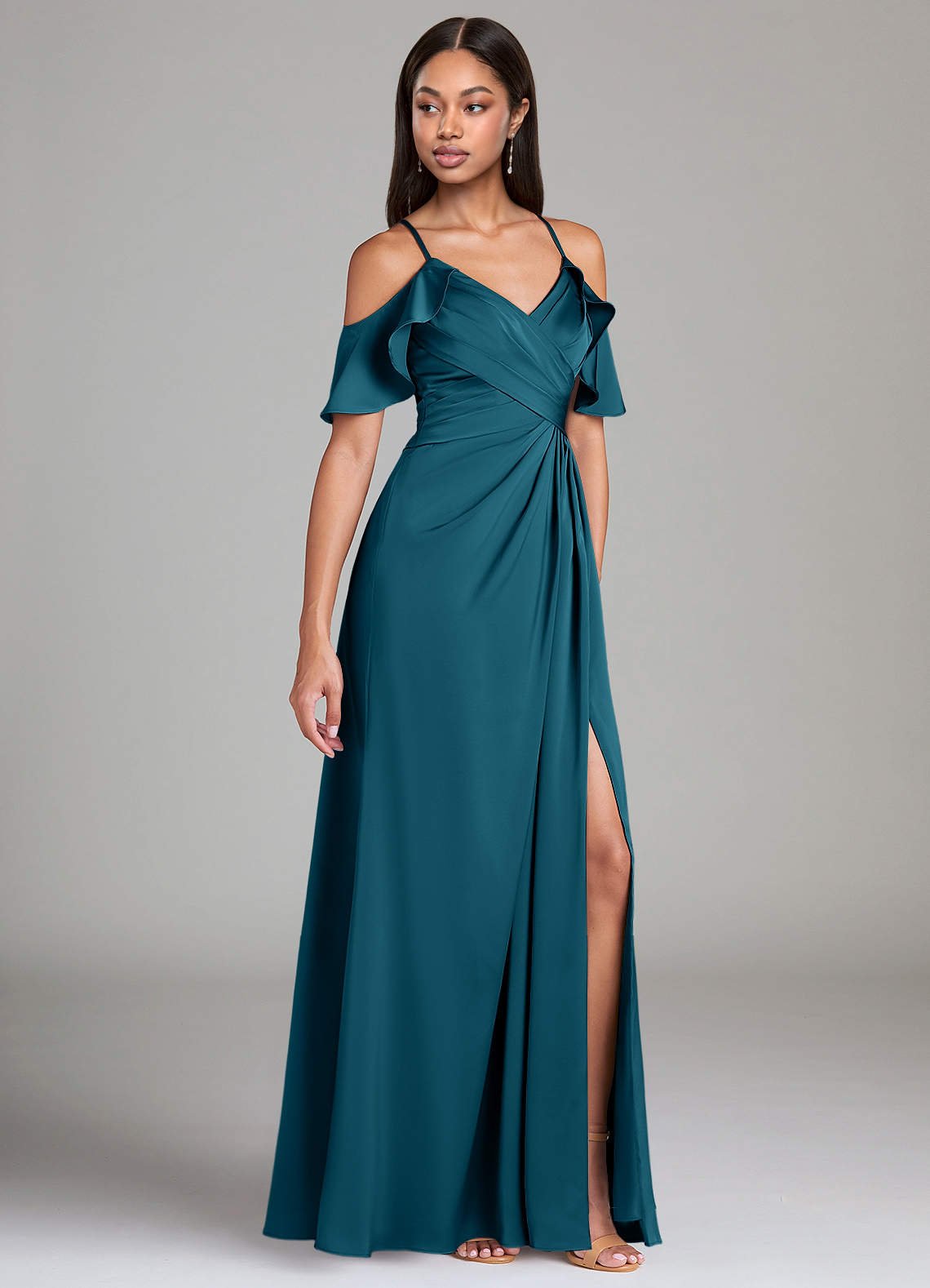 Dakota A-Line V-Neck Stretch Satin Bridesmaid Dress in Ink Blue