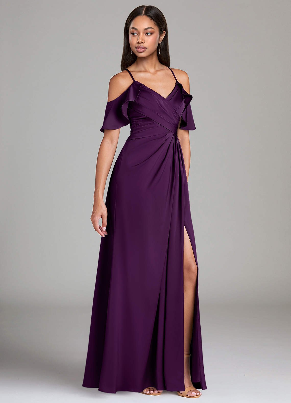 Dakota A-Line V-Neck Stretch Satin Bridesmaid Dress in Grape