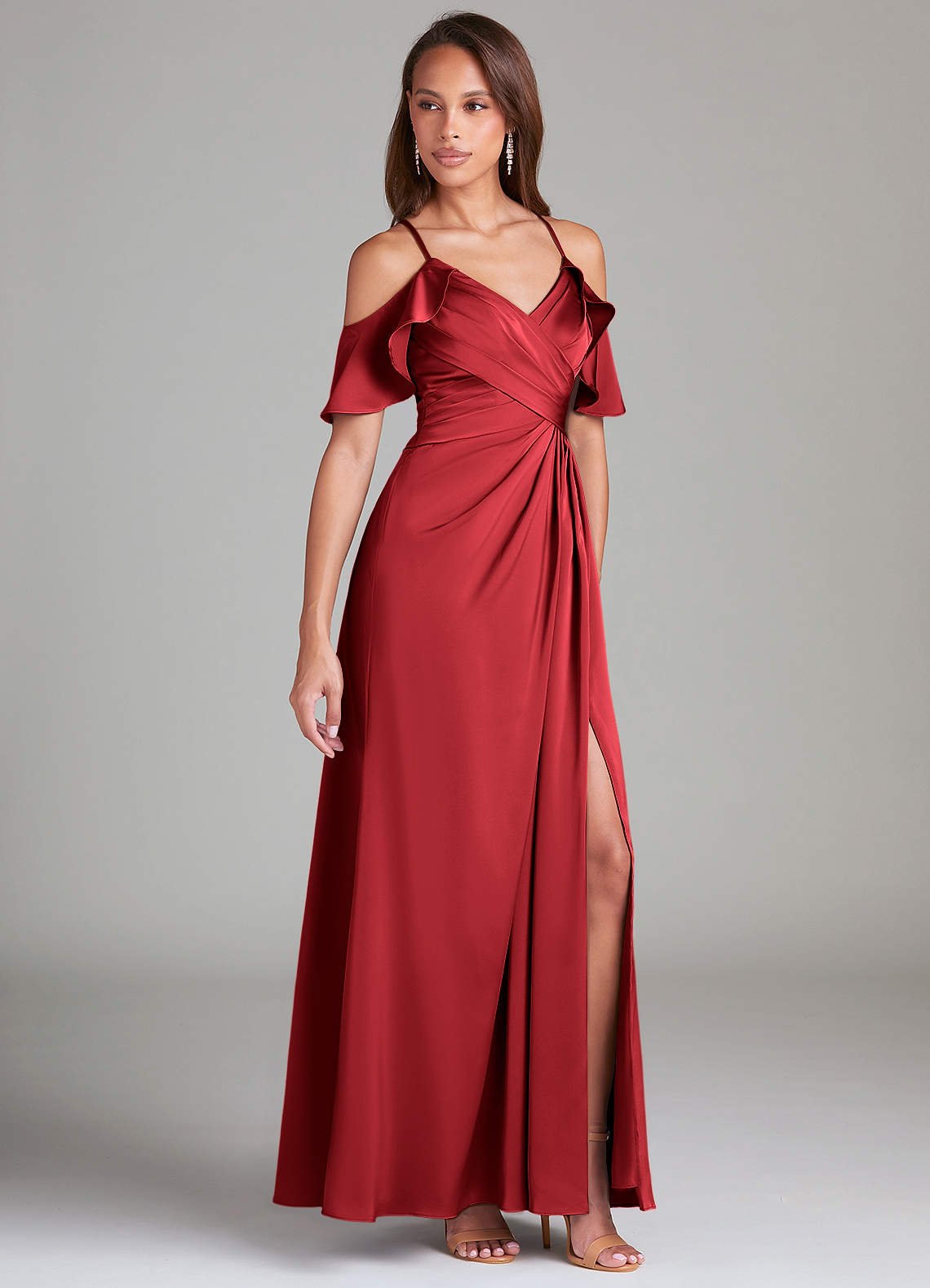 Dakota A-Line V-Neck Stretch Satin Bridesmaid Dress in Scarlet