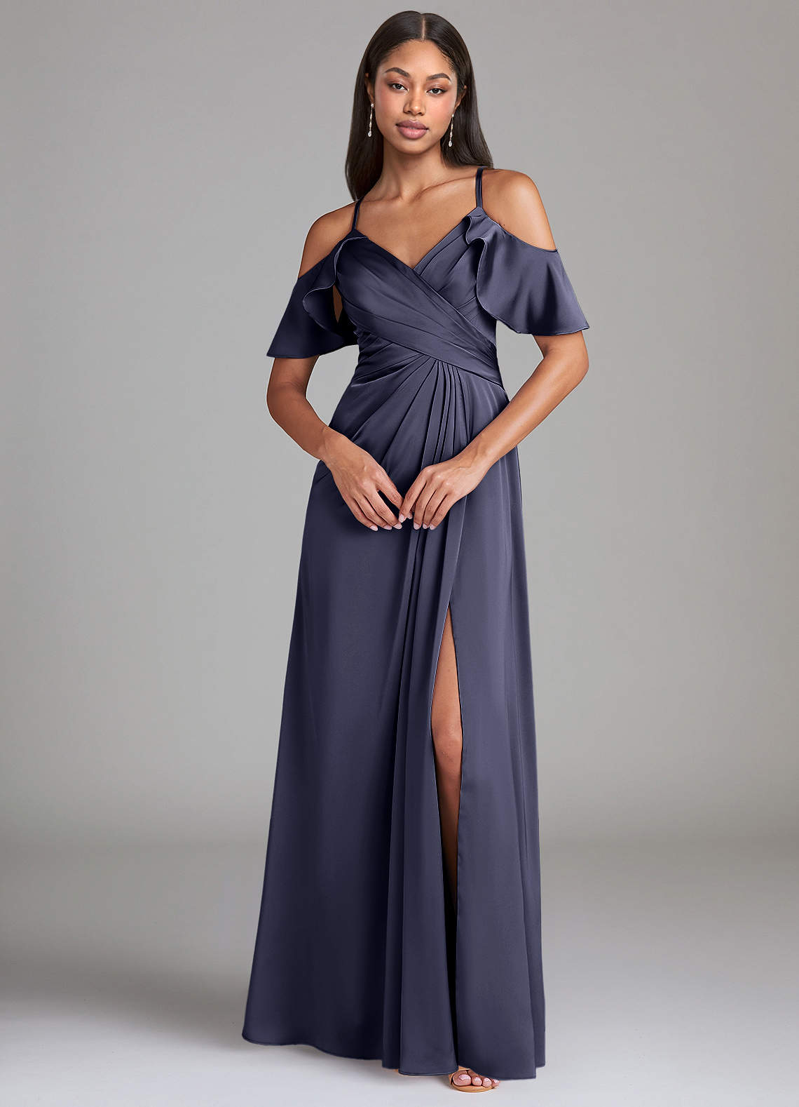 Dakota A-Line V-Neck Stretch Satin Bridesmaid Dress in Stormy