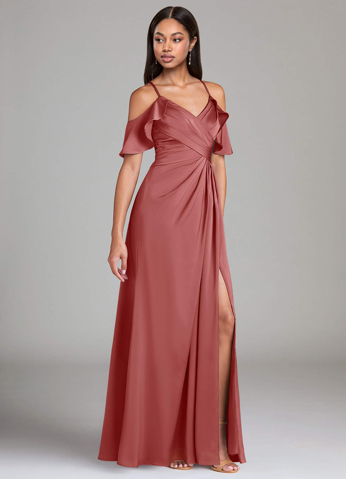 Dakota A-Line V-Neck Stretch Satin Bridesmaid Dress in Antique Rose