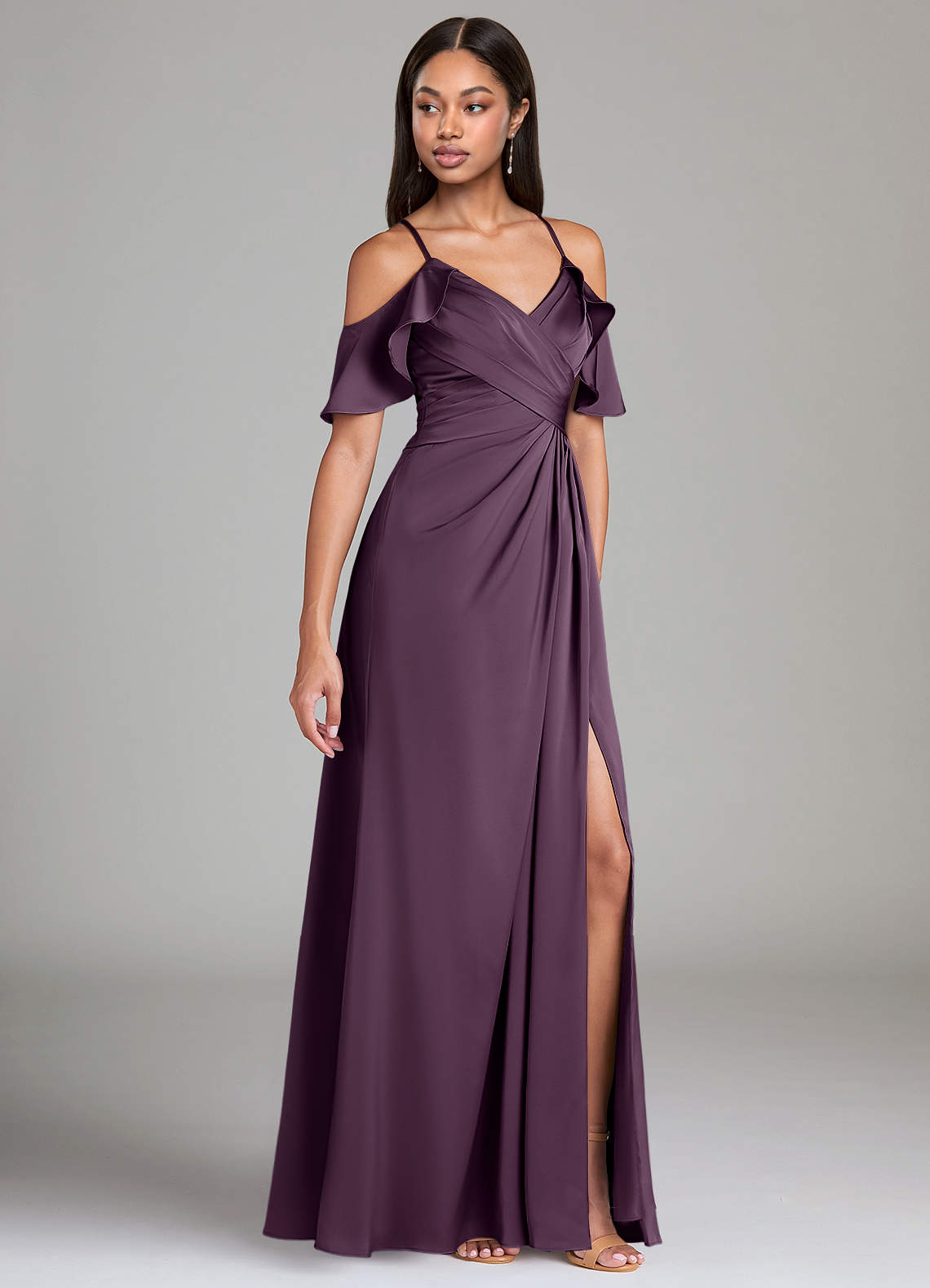 Dakota A-Line V-Neck Stretch Satin Bridesmaid Dress in Plum