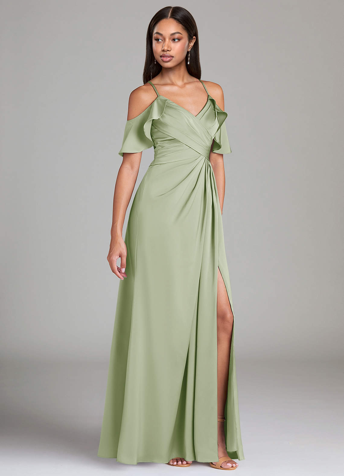 Dakota A-Line V-Neck Stretch Satin Bridesmaid Dress in Dusty Sage