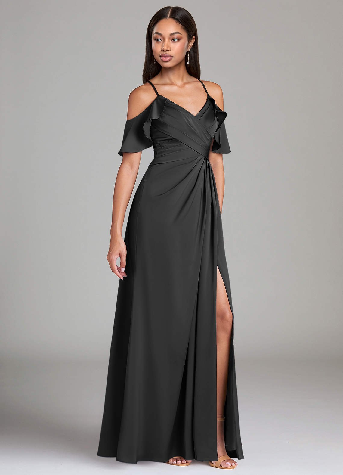 Dakota A-Line V-Neck Stretch Satin Bridesmaid Dress in black