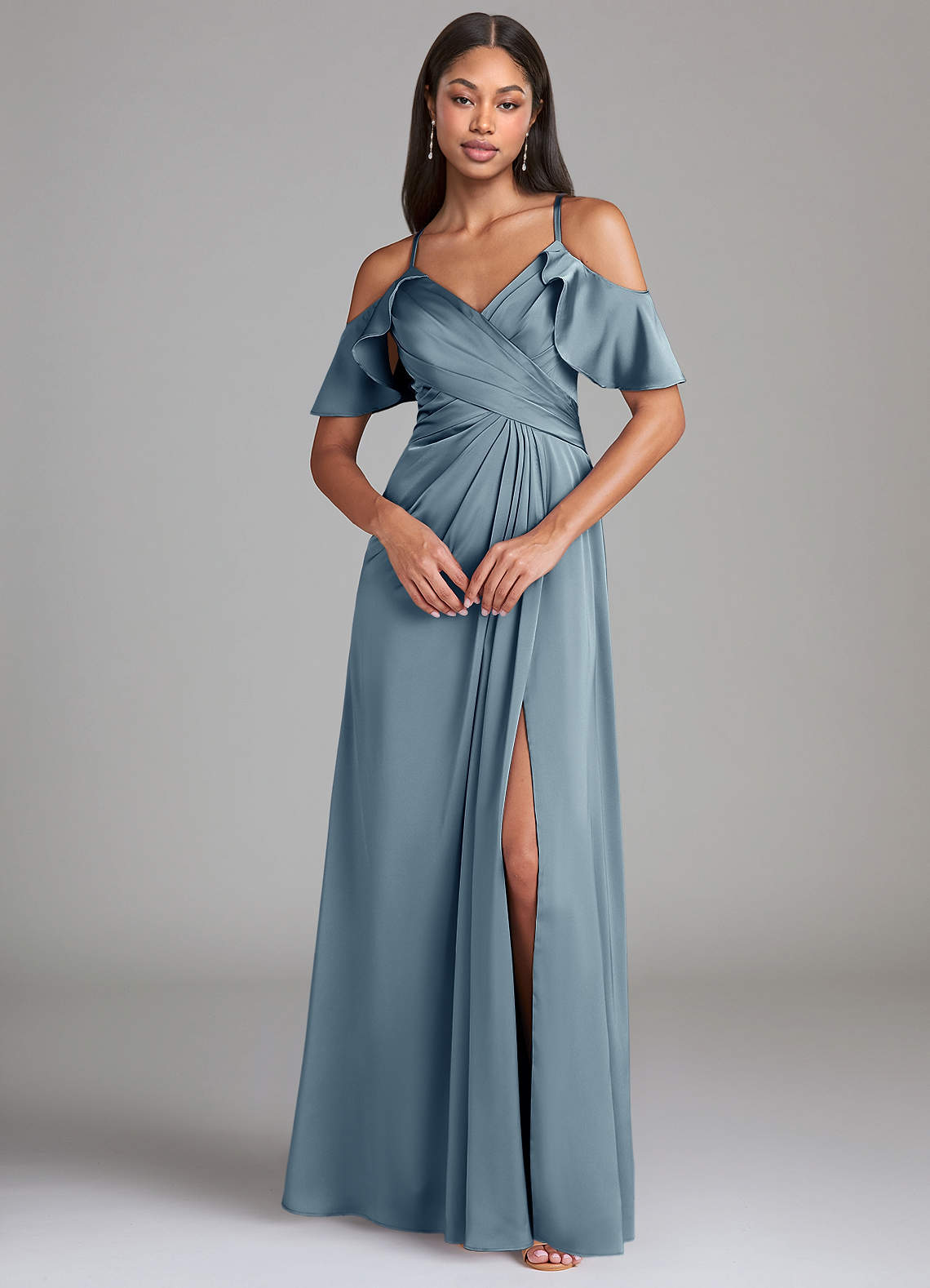 Dakota A-Line V-Neck Stretch Satin Bridesmaid Dress in dusty blue