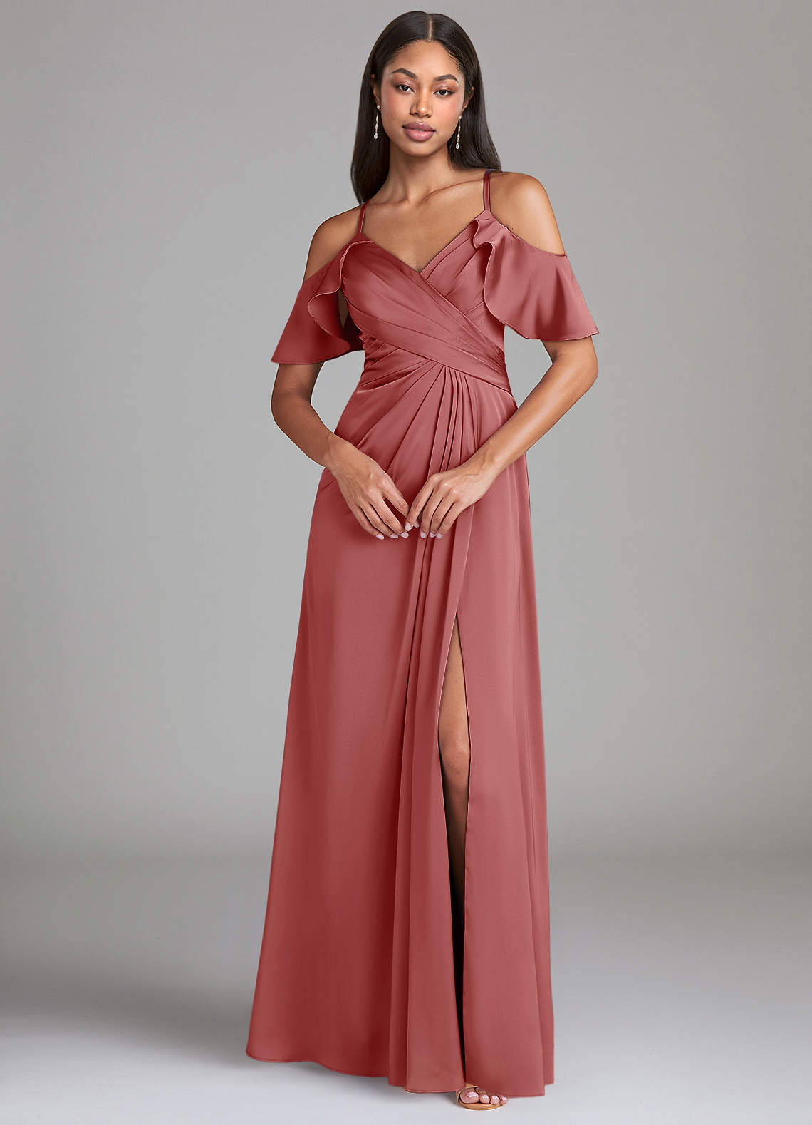 Dakota A-Line V-Neck Stretch Satin Bridesmaid Dress in Antique Rose