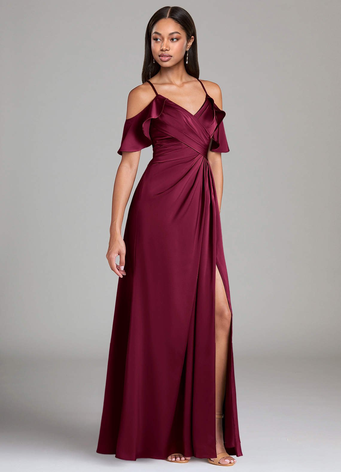 Dakota A-Line V-Neck Stretch Satin Bridesmaid Dress in Burgundy