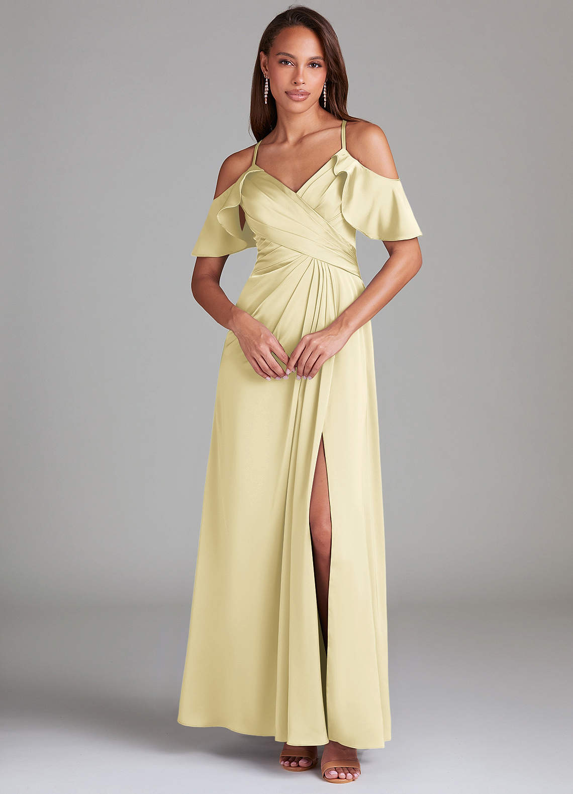 Dakota A-Line V-Neck Stretch Satin Bridesmaid Dress in Lemon Sorbet