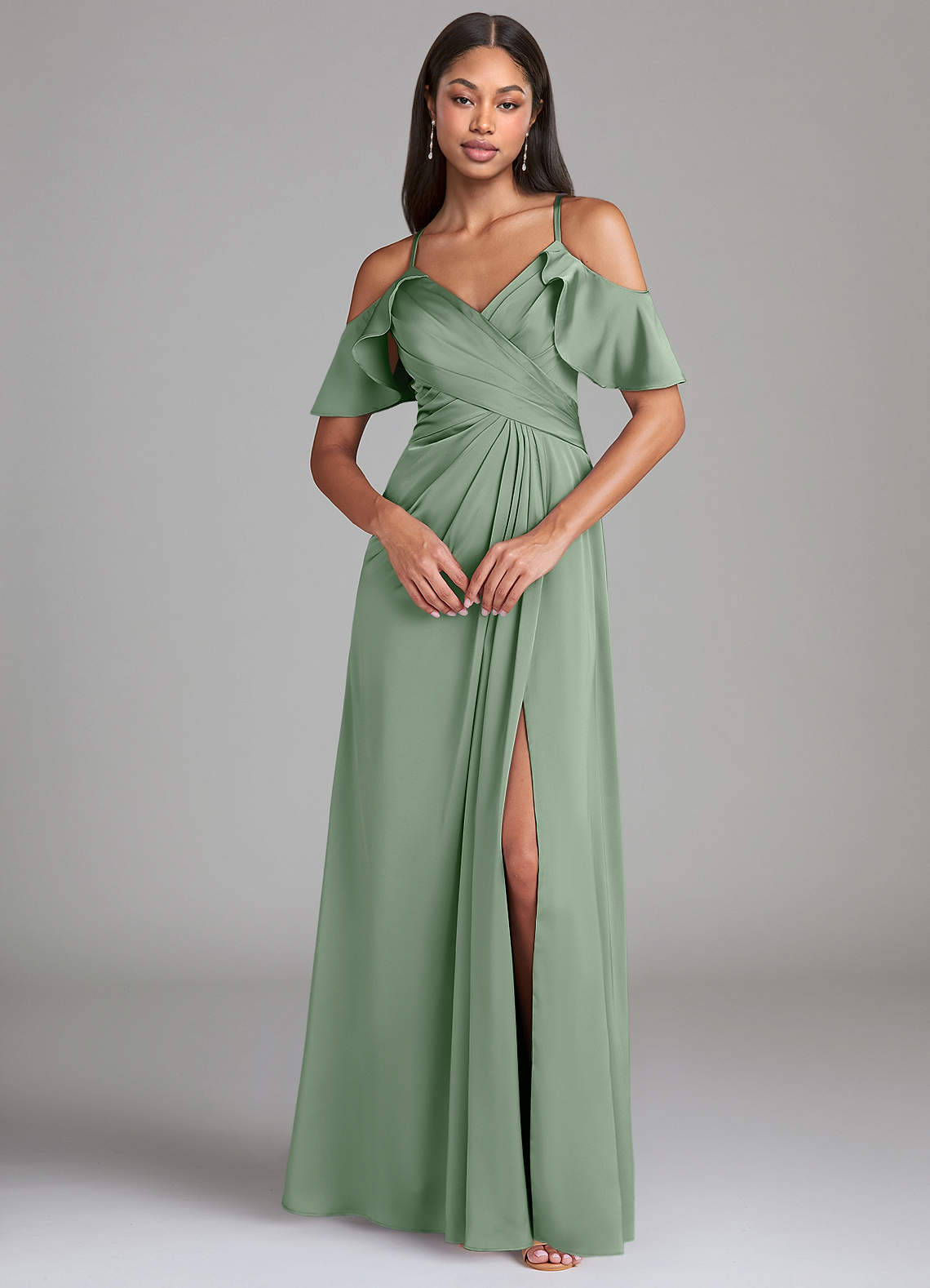 Dakota A-Line V-Neck Stretch Satin Bridesmaid Dress in Matcha