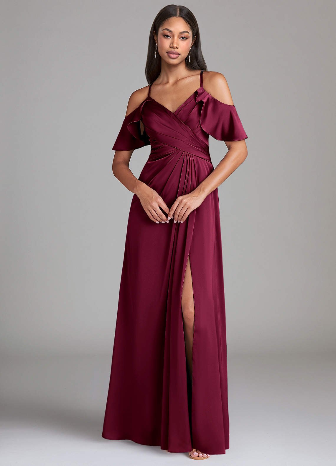 Dakota A-Line V-Neck Stretch Satin Bridesmaid Dress in Burgundy
