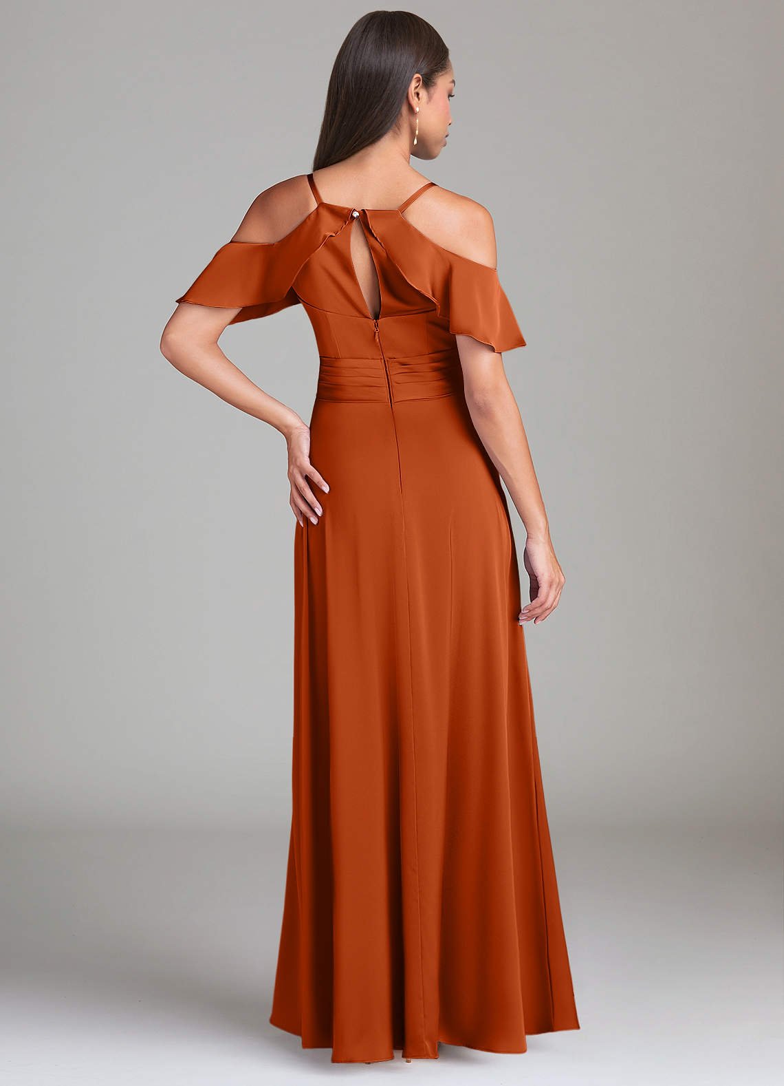 Dakota A-Line V-Neck Stretch Satin Bridesmaid Dress in Burnt Orange