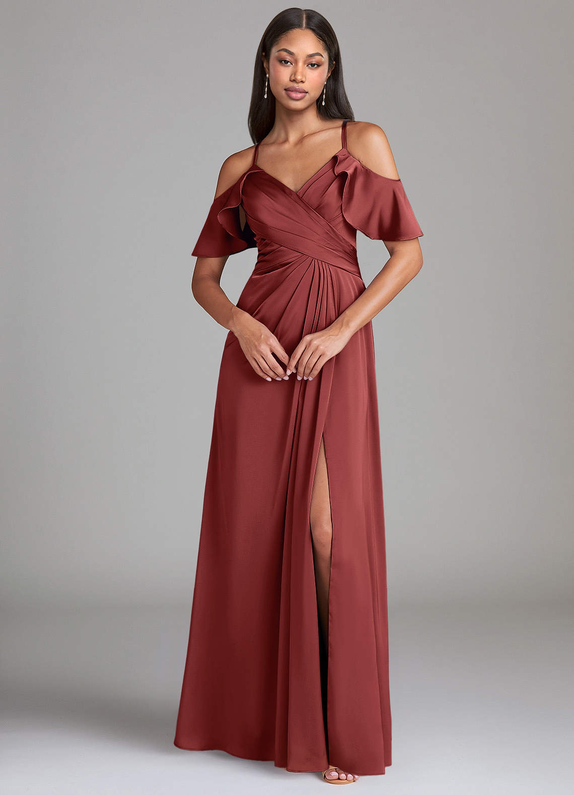 Dakota A-Line V-Neck Stretch Satin Bridesmaid Dress in Terracotta