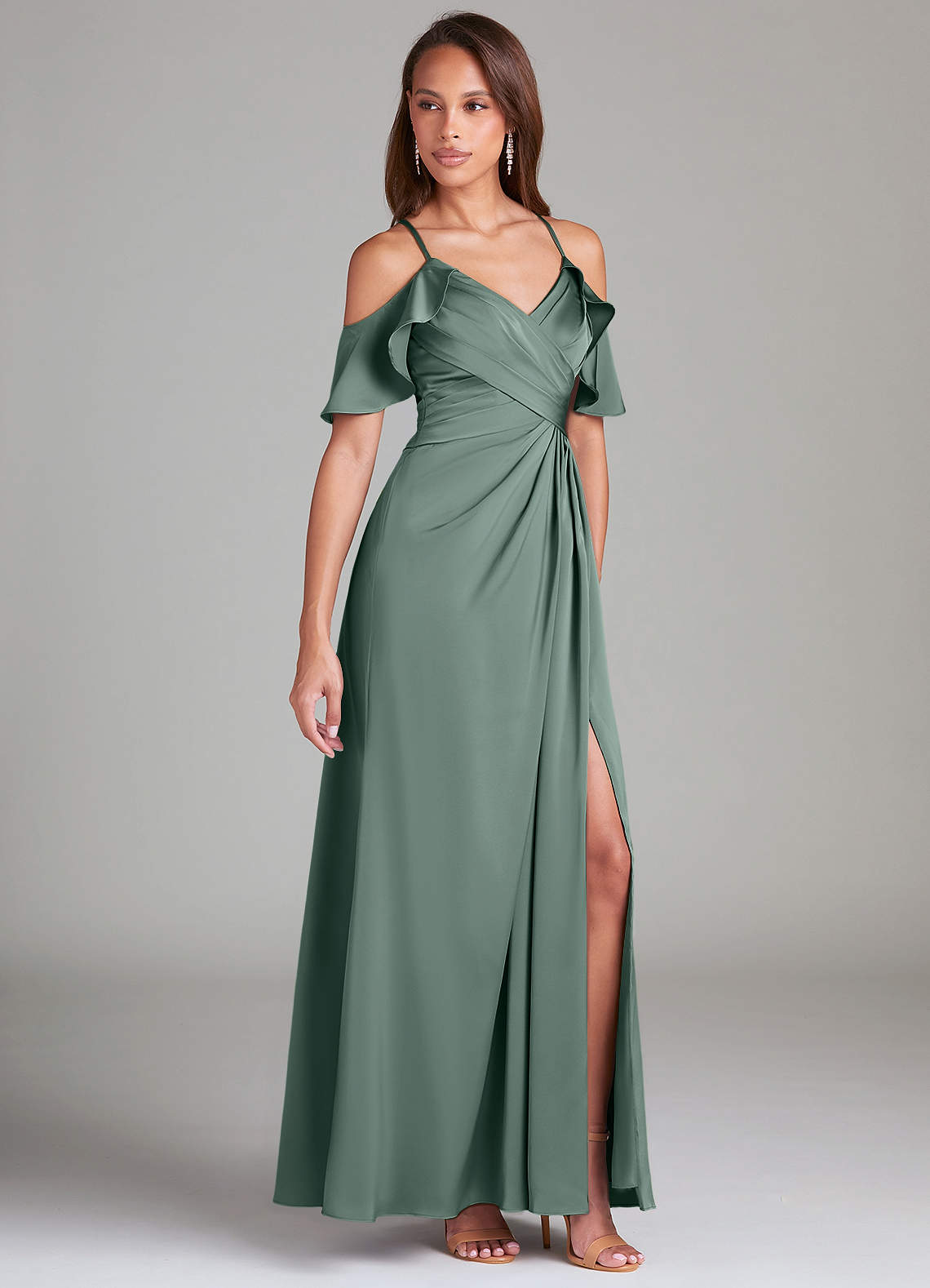 Dakota A-Line V-Neck Stretch Satin Bridesmaid Dress in Sea Moss