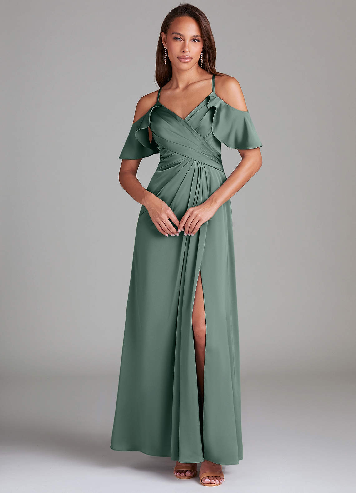 Dakota A-Line V-Neck Stretch Satin Bridesmaid Dress in Sea Moss