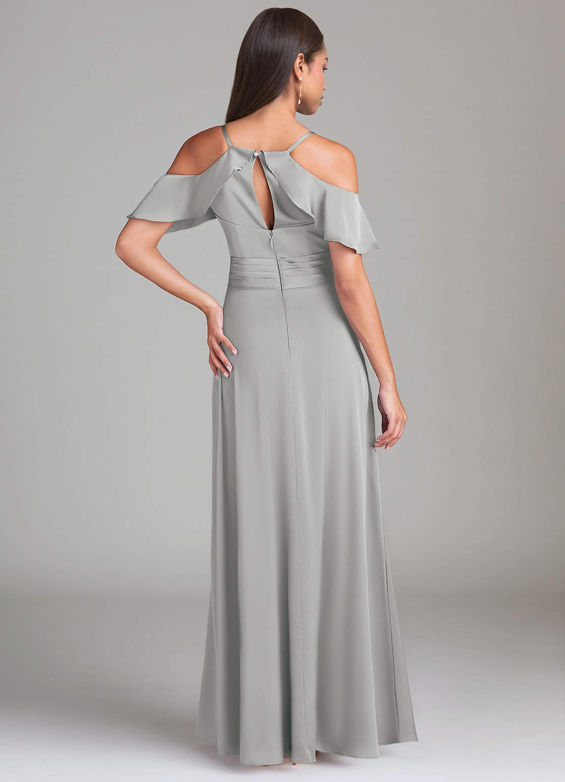Dakota A-Line V-Neck Stretch Satin Bridesmaid Dress in Silver