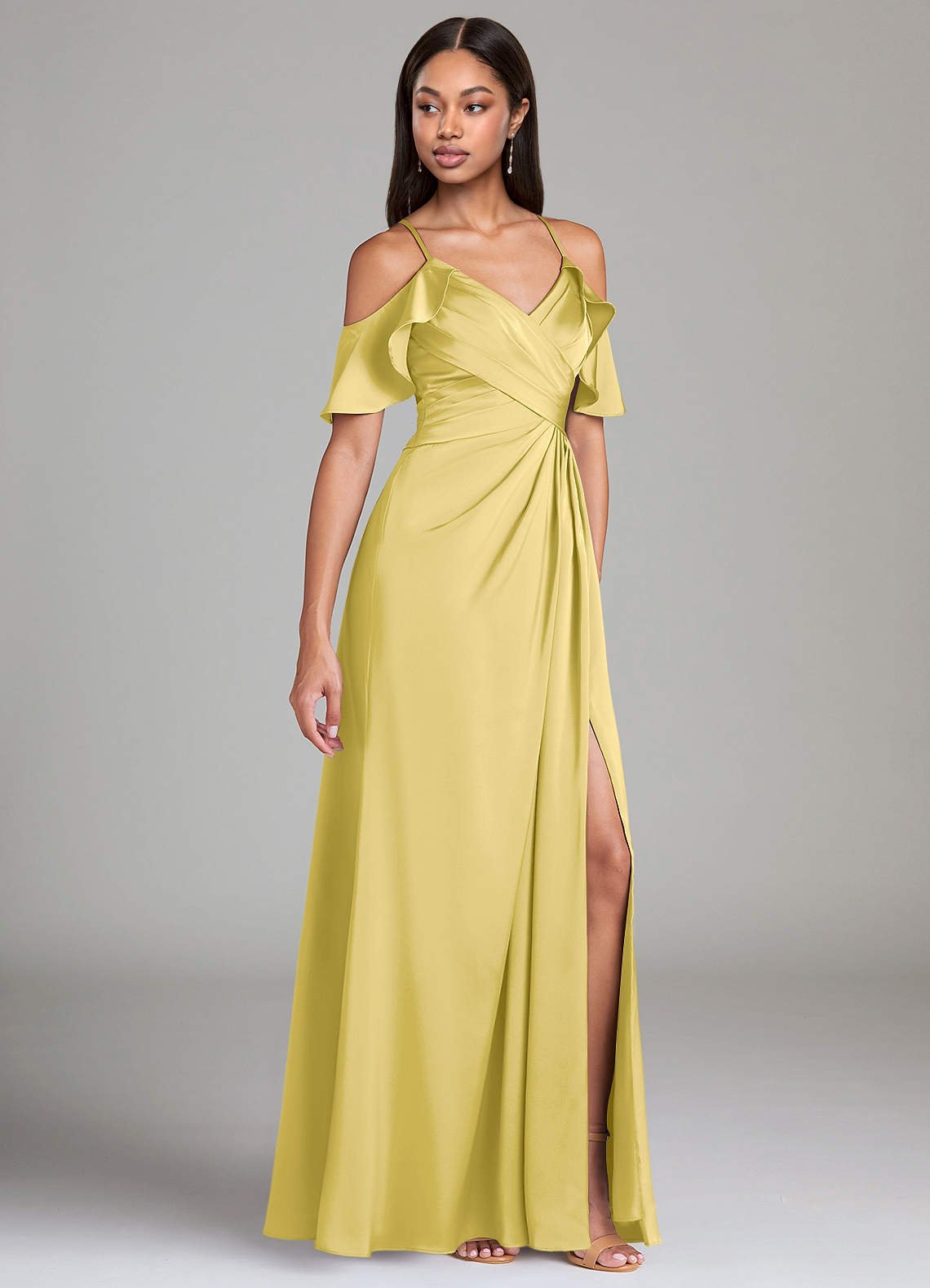 Dakota A-Line V-Neck Stretch Satin Bridesmaid Dress in Canary