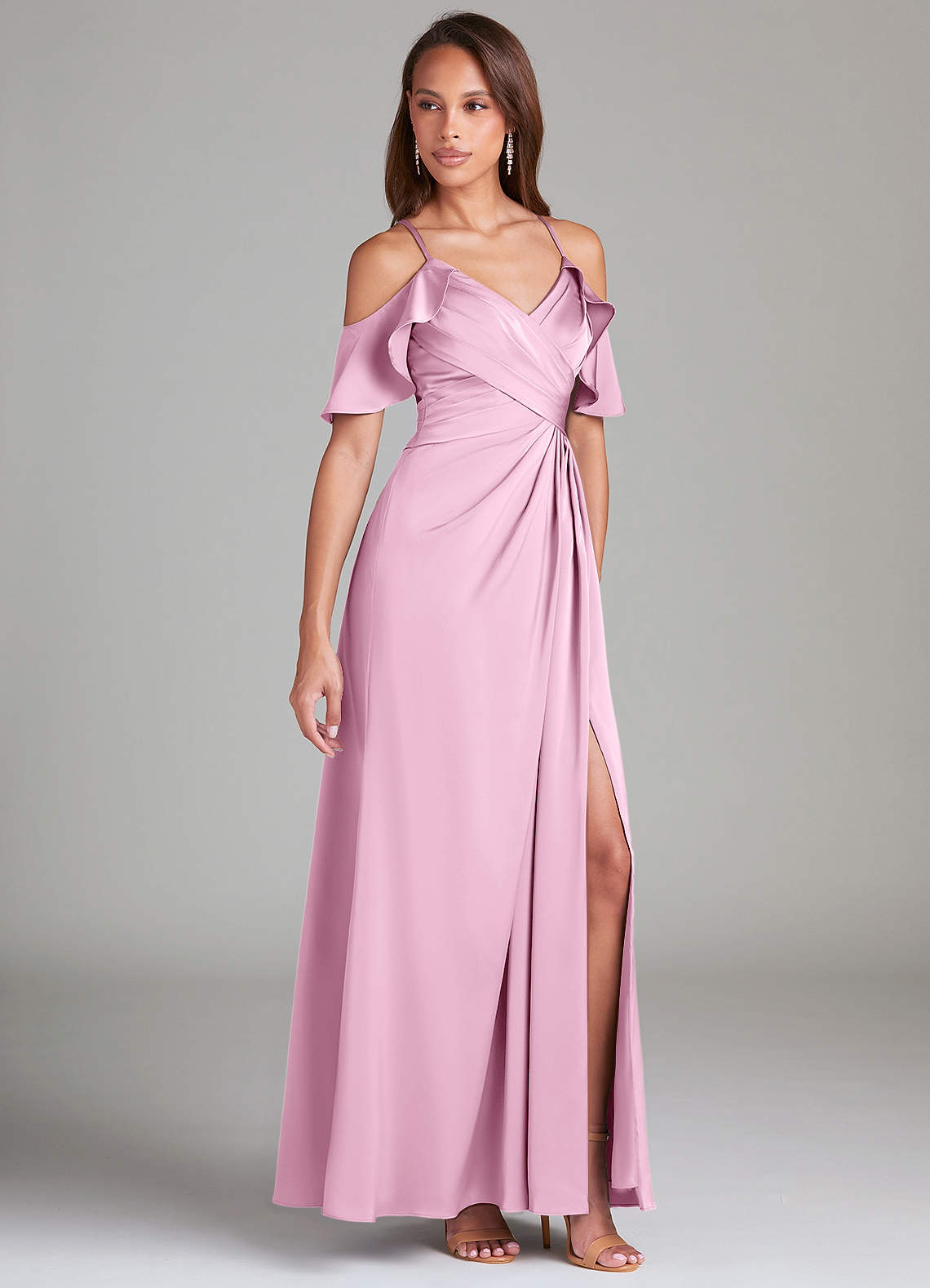 Dakota A-Line V-Neck Stretch Satin Bridesmaid Dress in candy pink