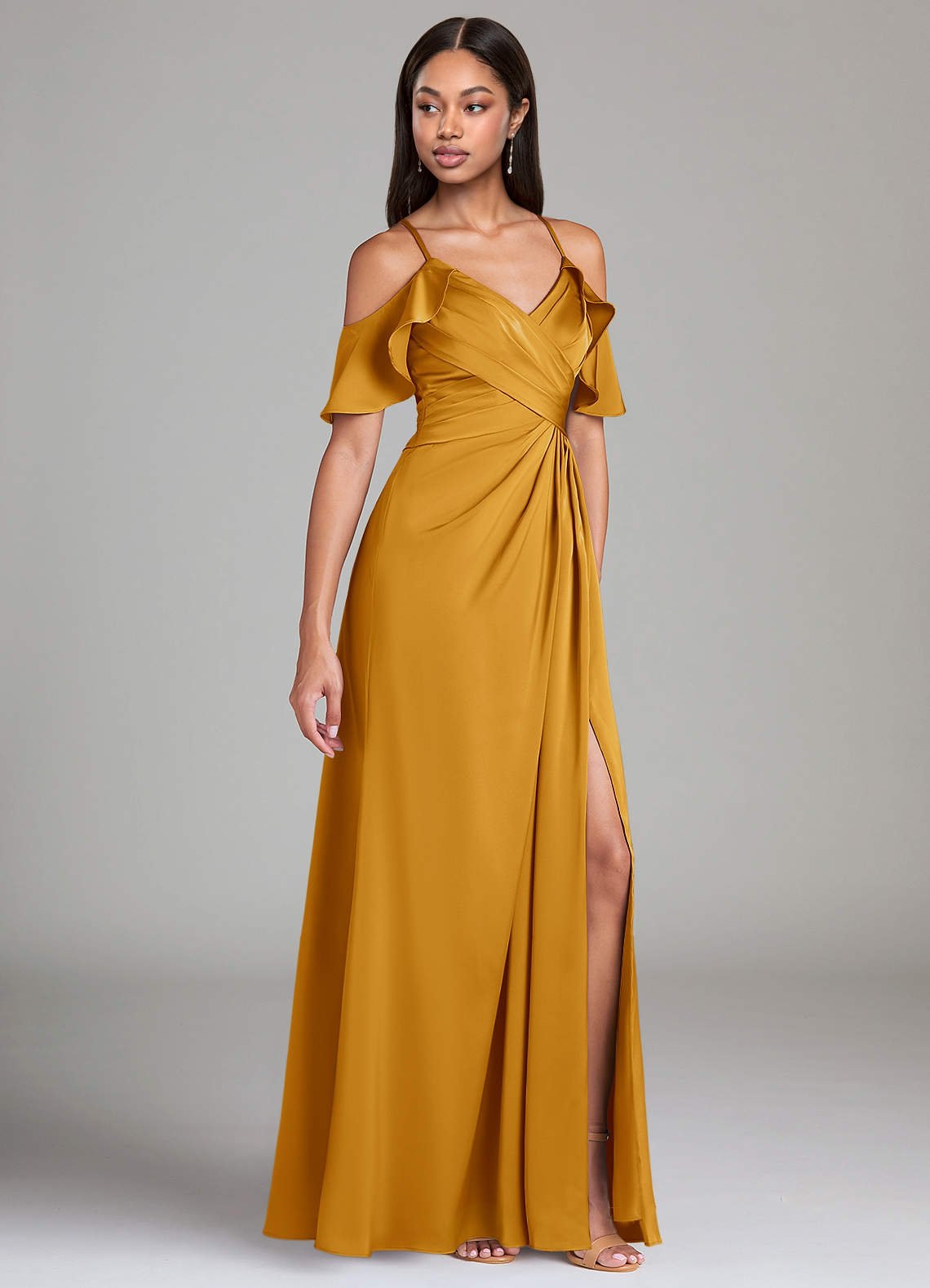 Dakota A-Line V-Neck Stretch Satin Bridesmaid Dress in butterscotch