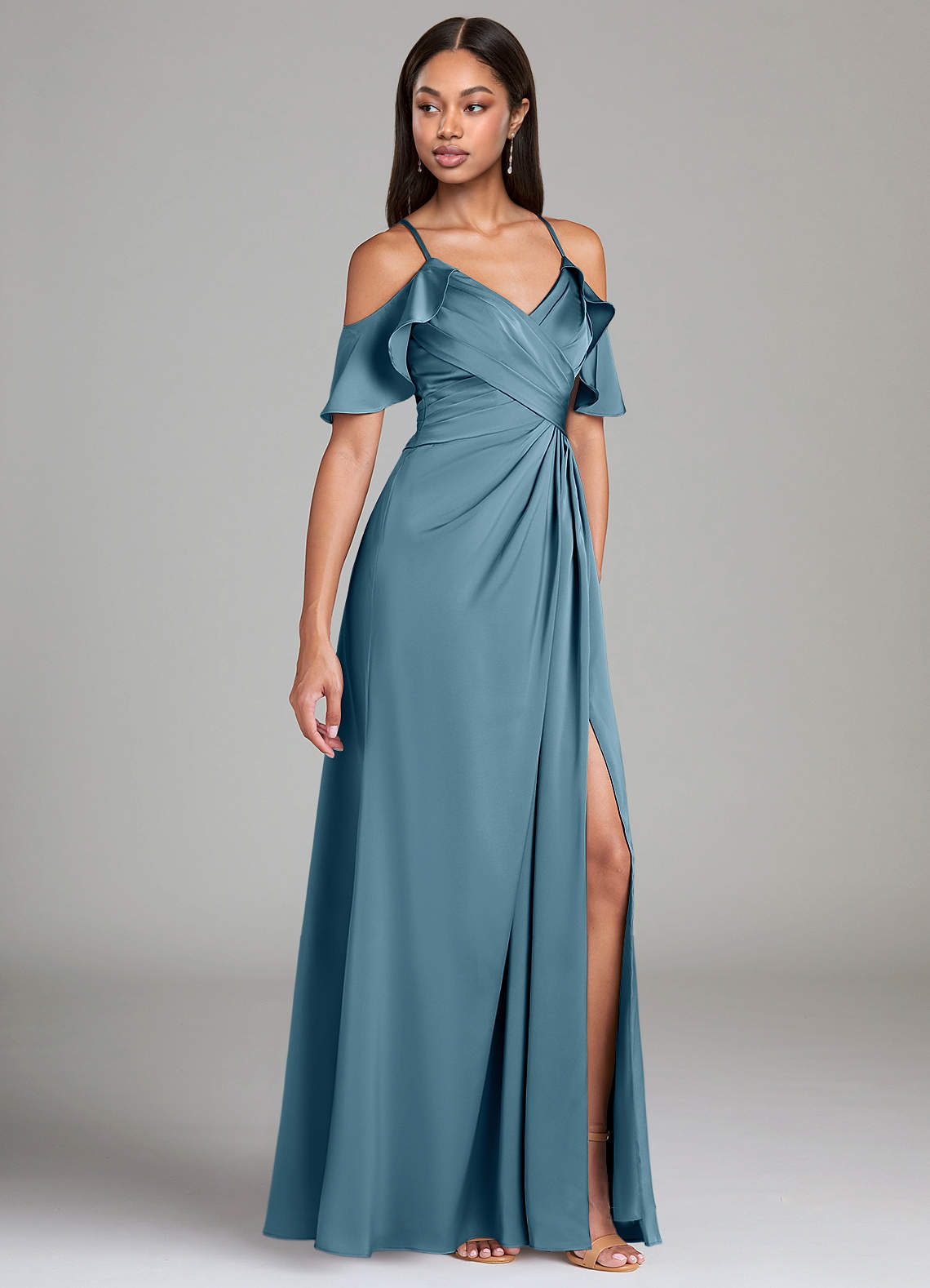 Dakota A-Line V-Neck Stretch Satin Bridesmaid Dress in Bermuda