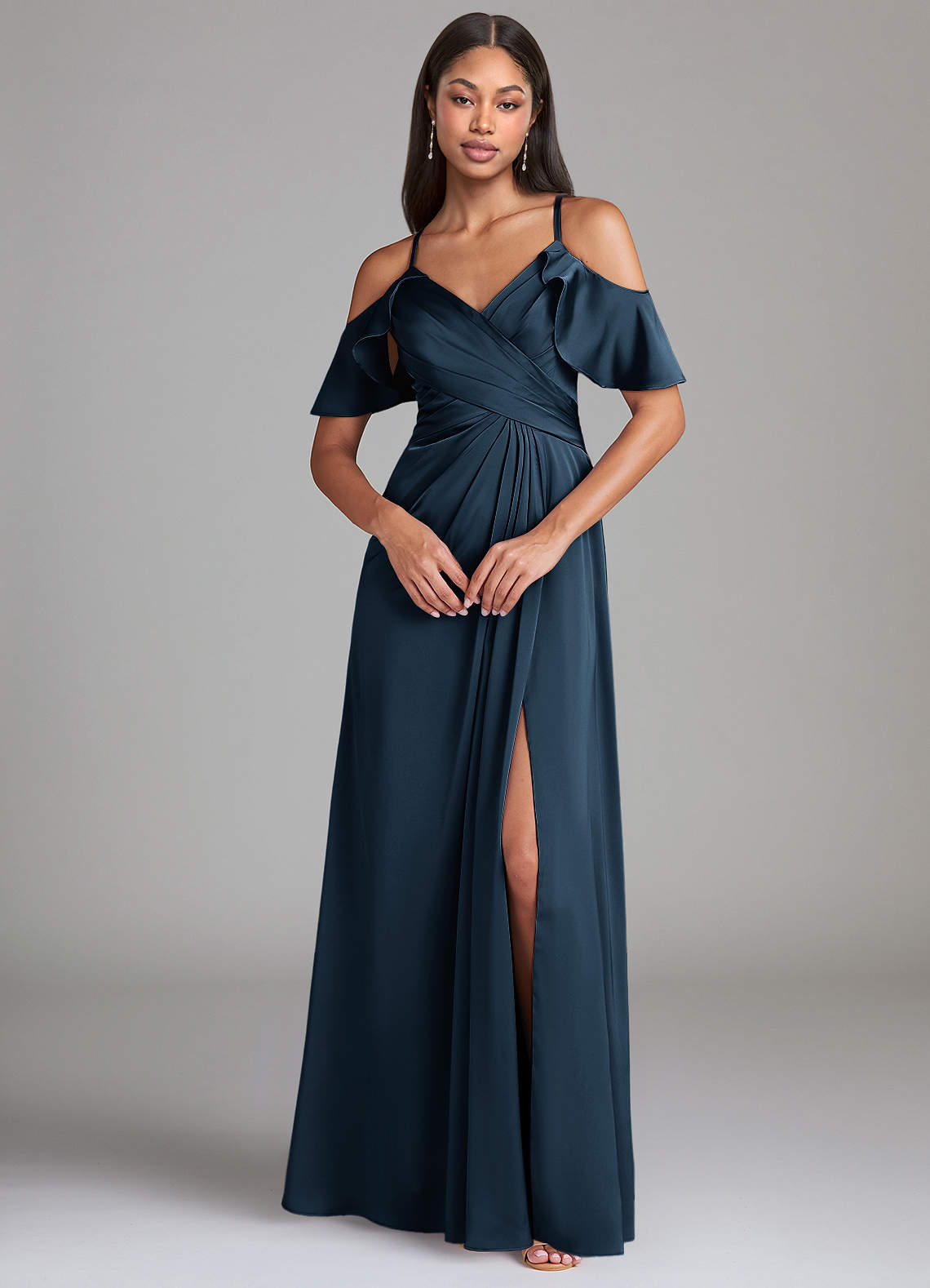 Dakota A-Line V-Neck Stretch Satin Bridesmaid Dress in Dark Navy