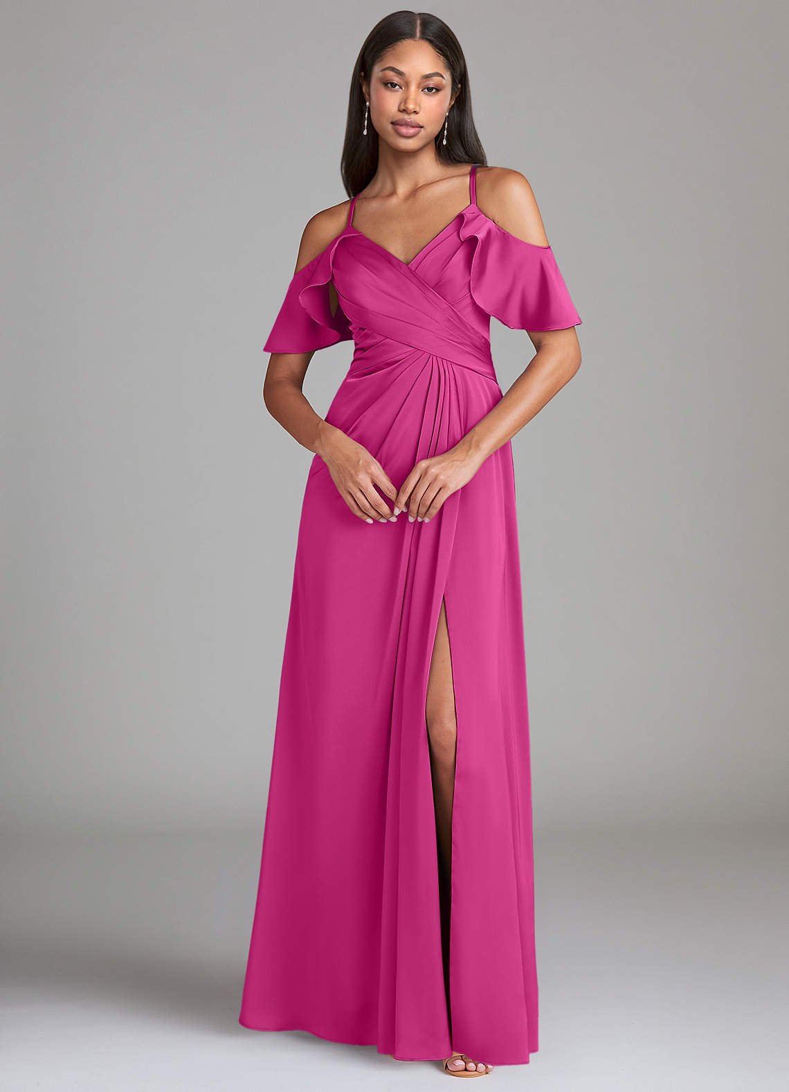 Dakota A-Line V-Neck Stretch Satin Bridesmaid Dress in Fuchsia