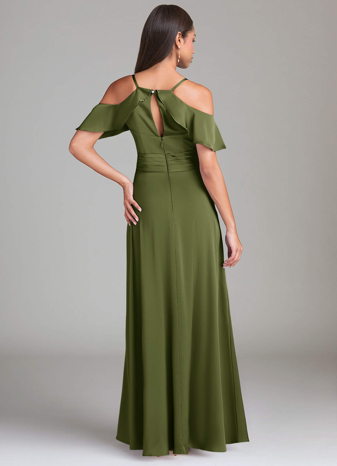 Dakota A-Line V-Neck Stretch Satin Bridesmaid Dress in Olive
