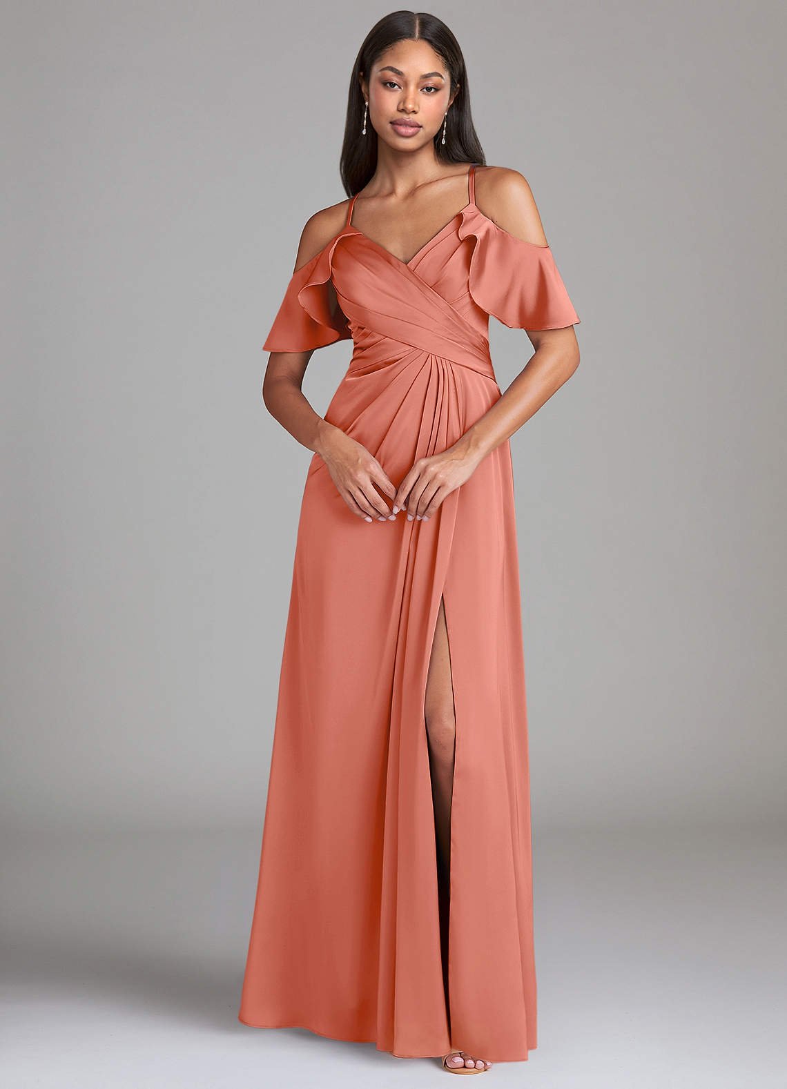 Dakota A-Line V-Neck Stretch Satin Bridesmaid Dress in Salmon Pink