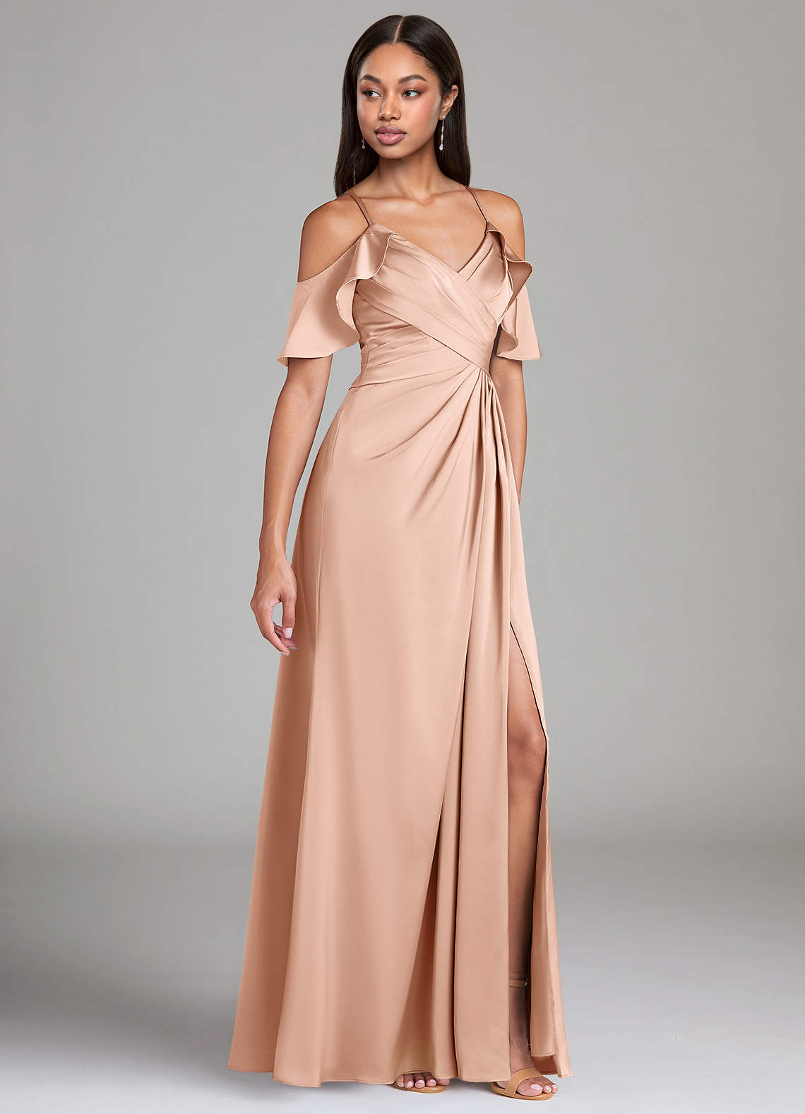Dakota A-Line V-Neck Stretch Satin Bridesmaid Dress in rose gold