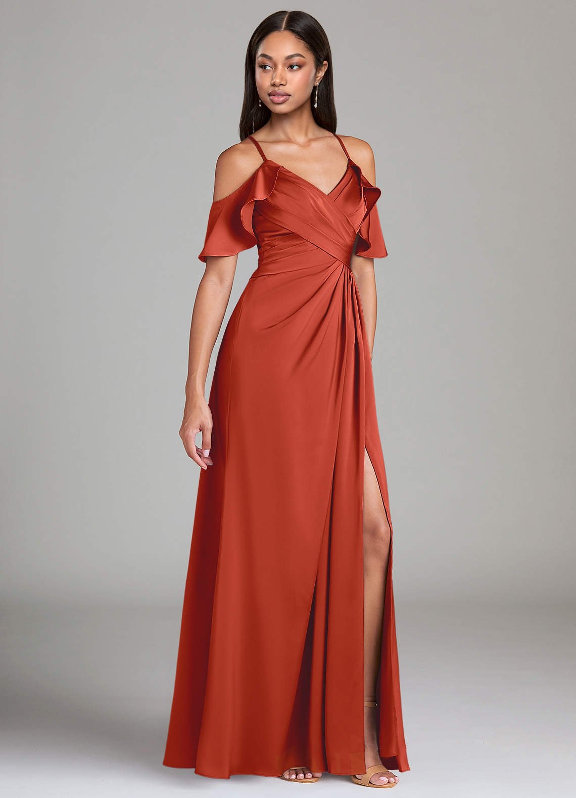Dakota A-Line V-Neck Stretch Satin Bridesmaid Dress in Rust
