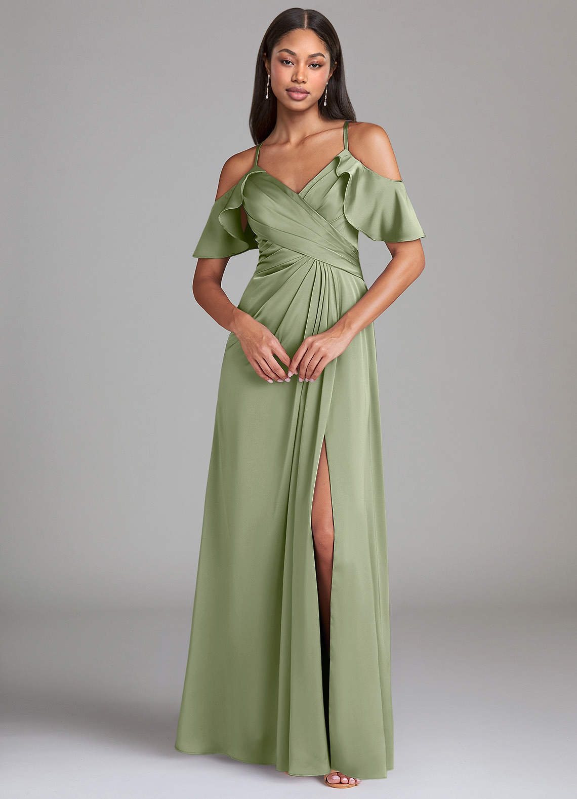 Dakota A-Line V-Neck Stretch Satin Bridesmaid Dress in Pistachio