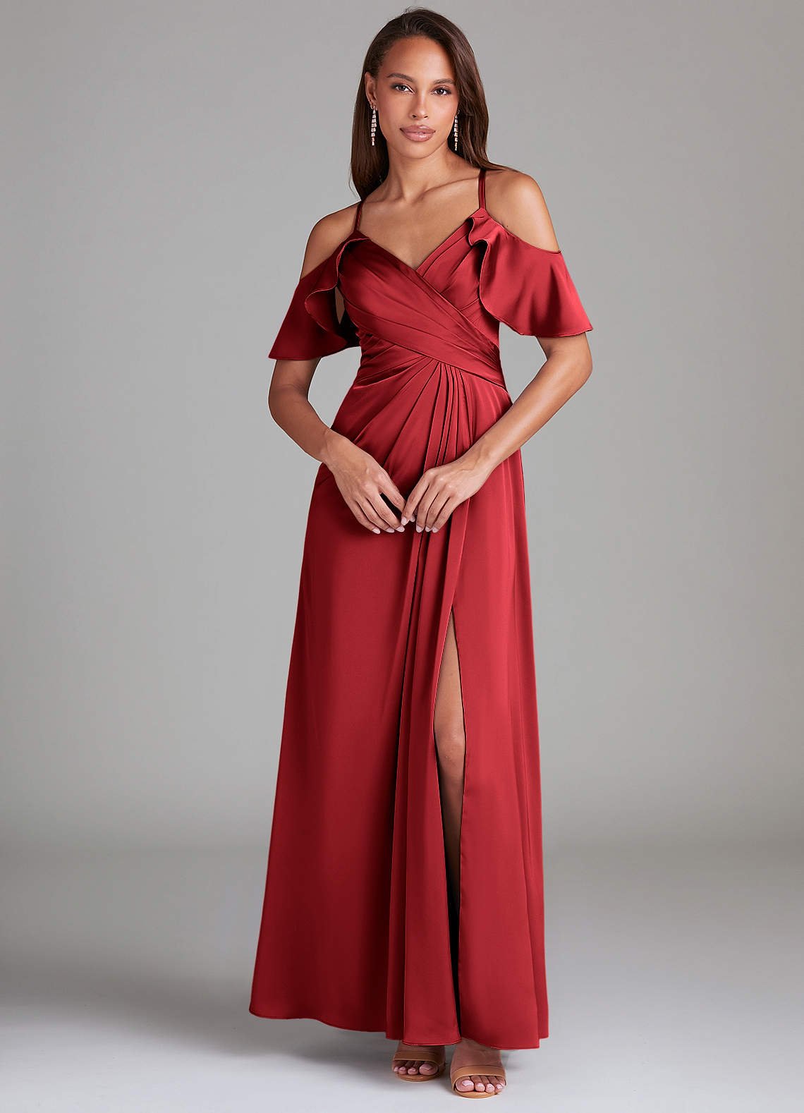 Dakota A-Line V-Neck Stretch Satin Bridesmaid Dress in Scarlet
