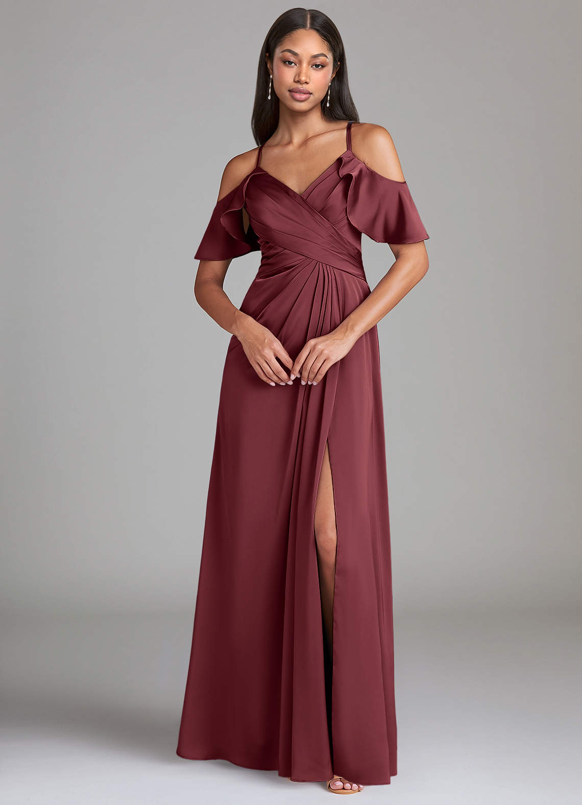 Dakota A-Line V-Neck Stretch Satin Bridesmaid Dress in Merlot
