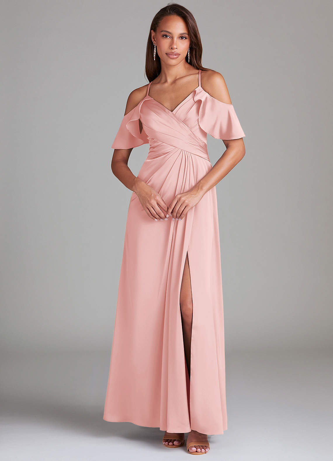 Dakota A-Line V-Neck Stretch Satin Bridesmaid Dress in Powder Pink