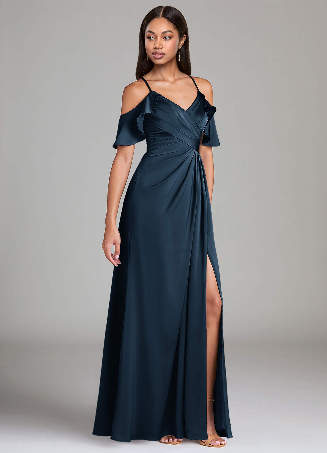 Dakota A-Line V-Neck Stretch Satin Bridesmaid Dress in Dark Navy