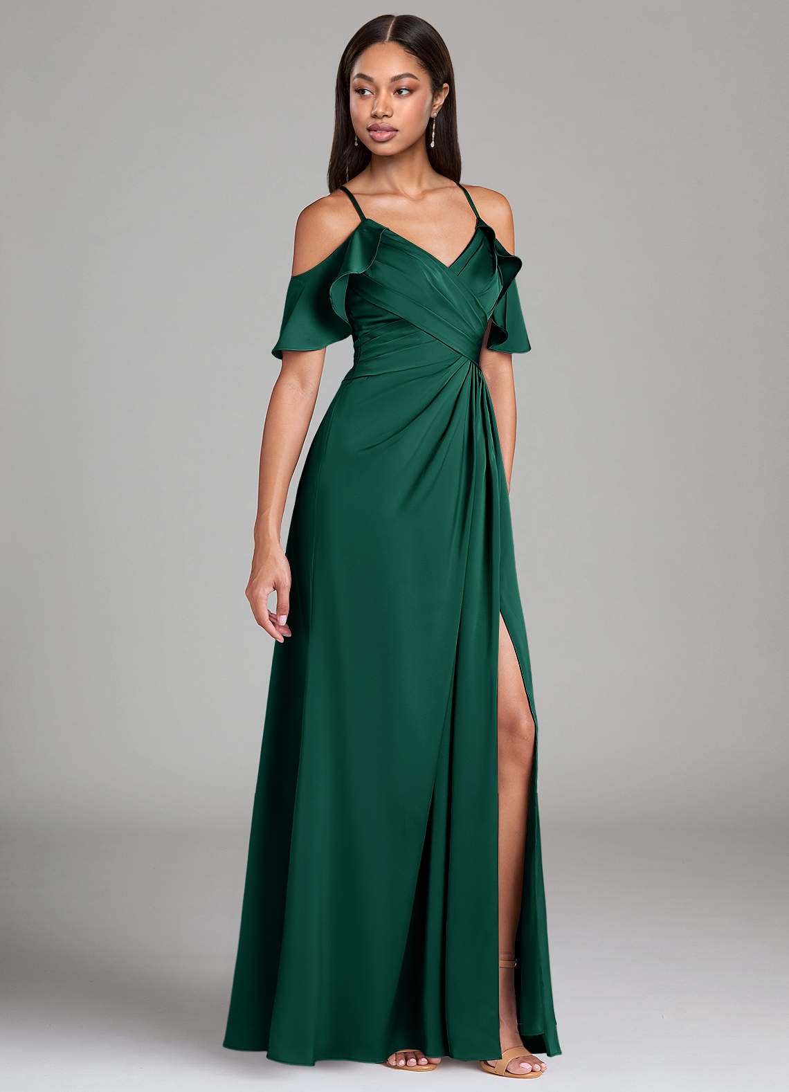 Dakota A-Line V-Neck Stretch Satin Bridesmaid Dress in Emerald