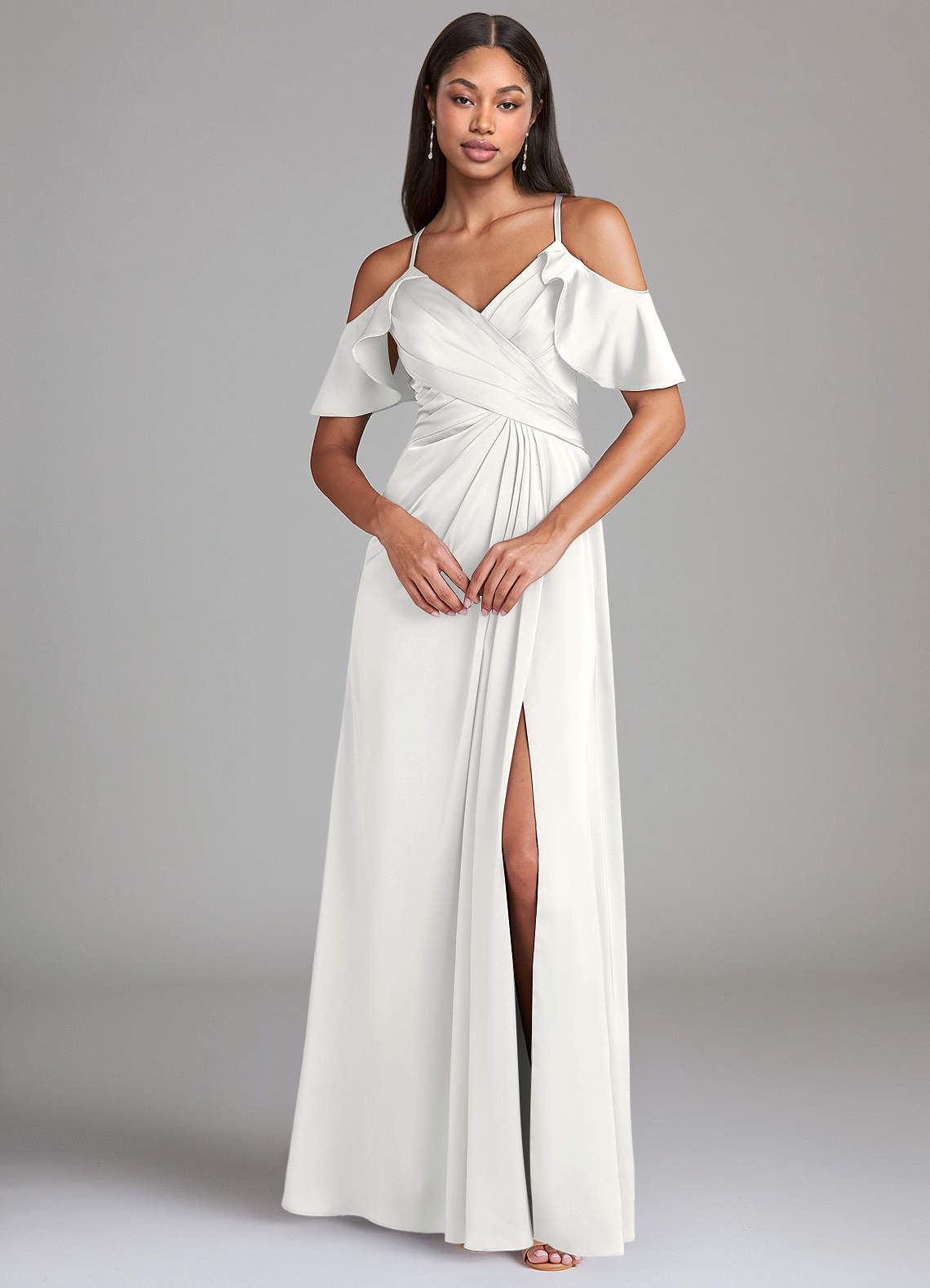 Dakota A-Line V-Neck Stretch Satin Bridesmaid Dress in white