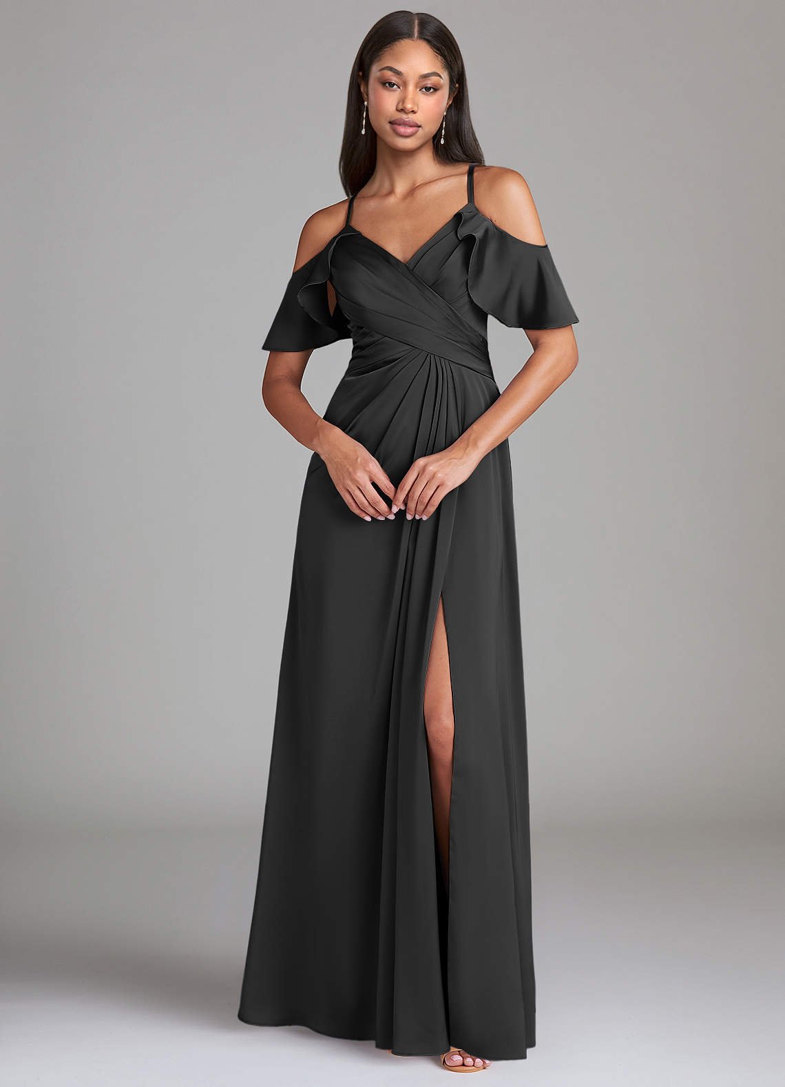 Dakota A-Line V-Neck Stretch Satin Bridesmaid Dress in black