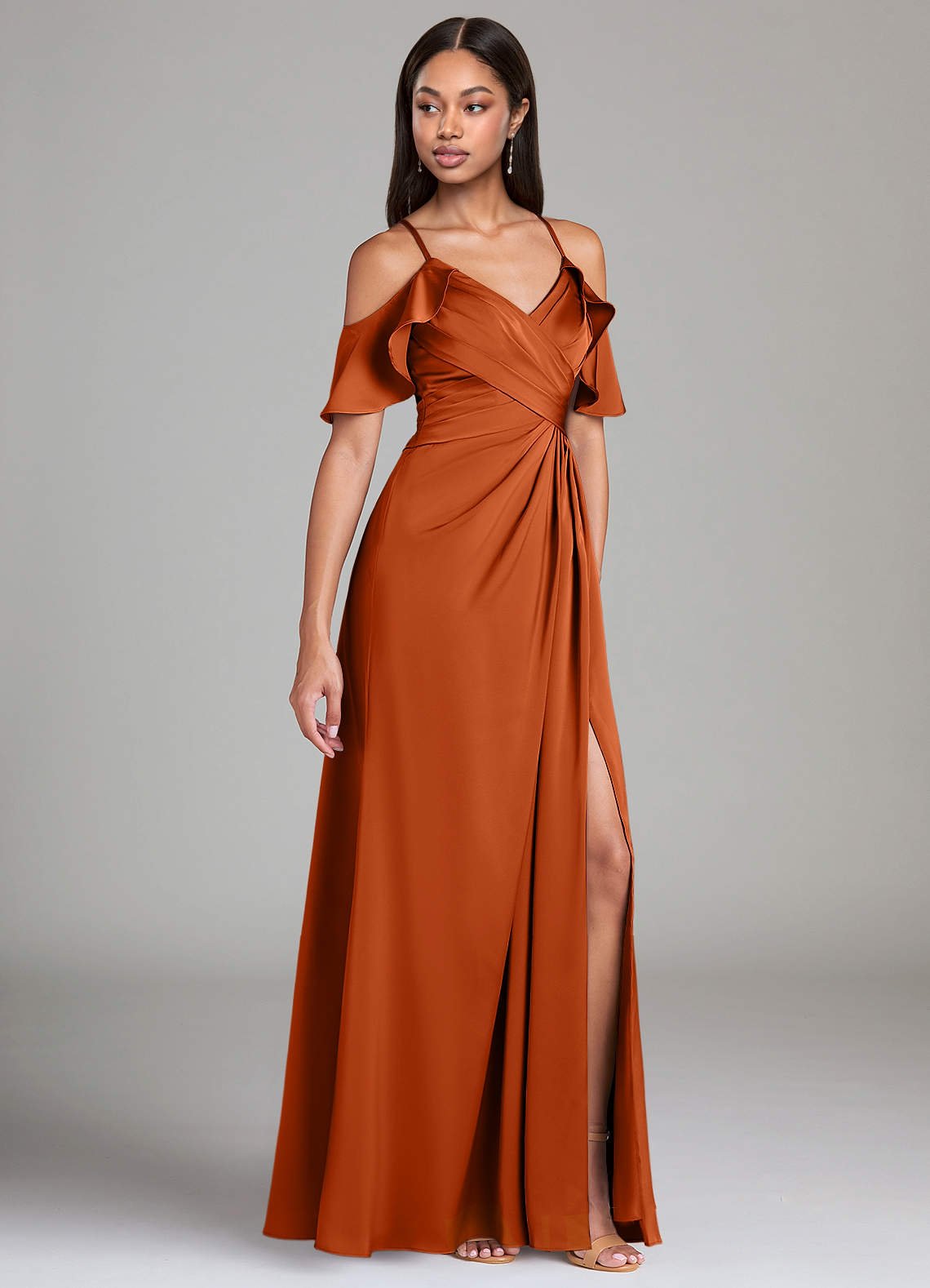 Dakota A-Line V-Neck Stretch Satin Bridesmaid Dress in Burnt Orange