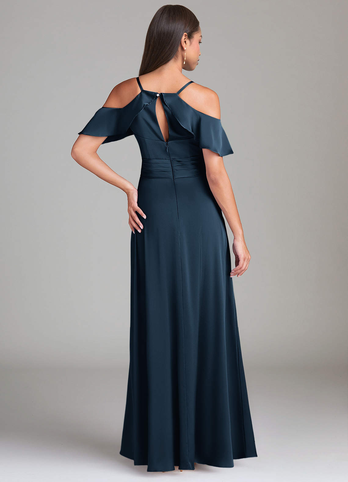 Dakota A-Line V-Neck Stretch Satin Bridesmaid Dress in Dark Navy